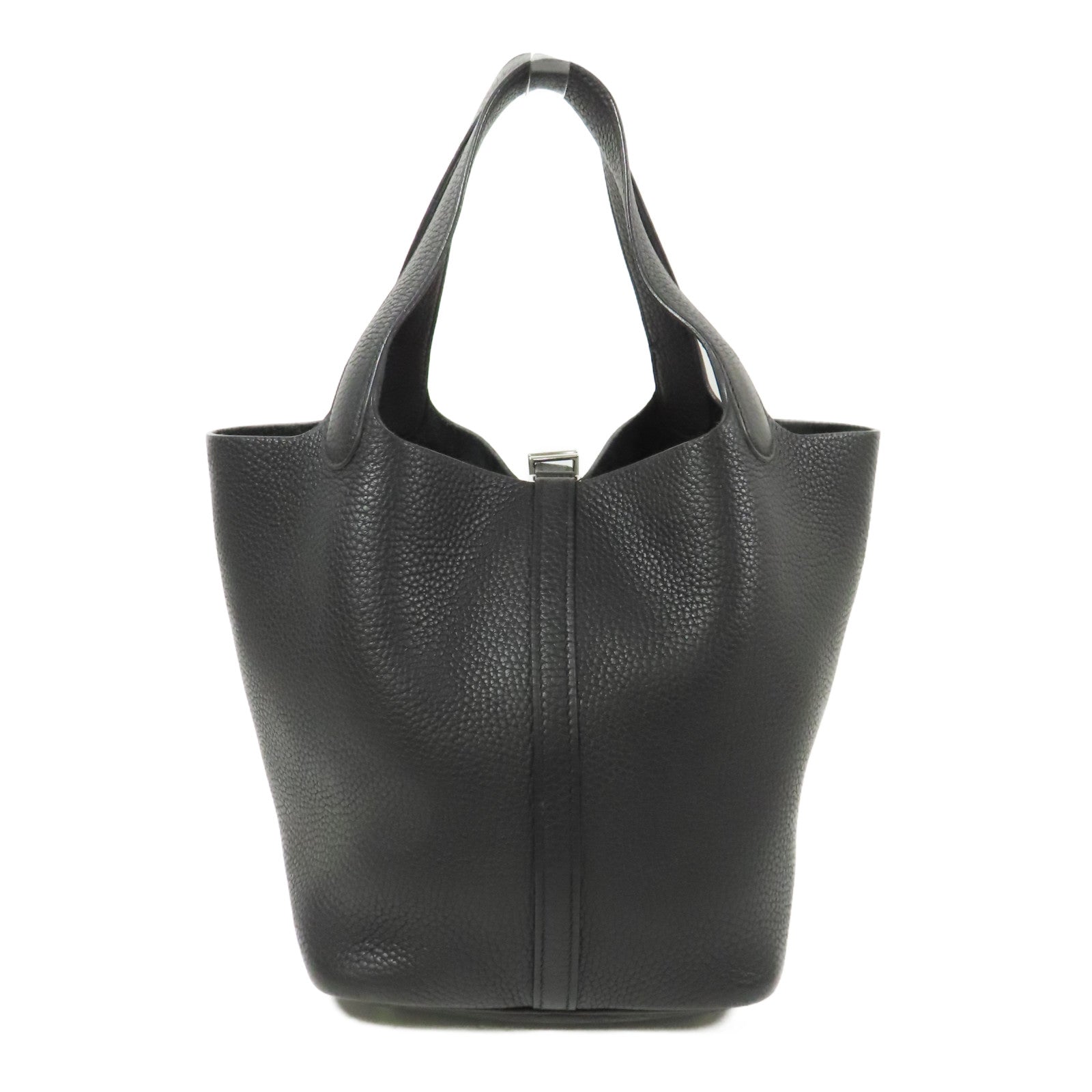 HERMES PHW Picotin MM Hand Bag/Bucket Tote Bag Clemence Leather Black