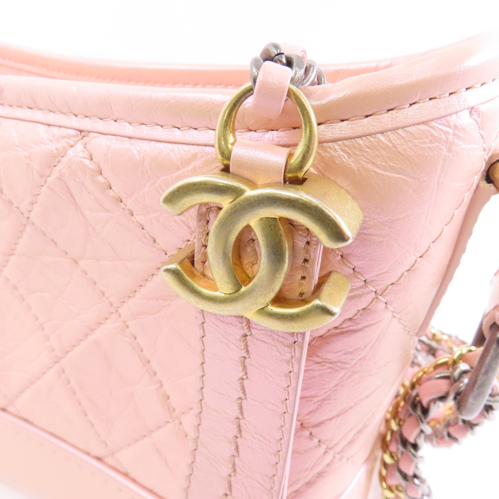 CHANEL Aged Calf皮革Gabrielle Small金扣/銀扣鏈帶肩背袋粉紅色
