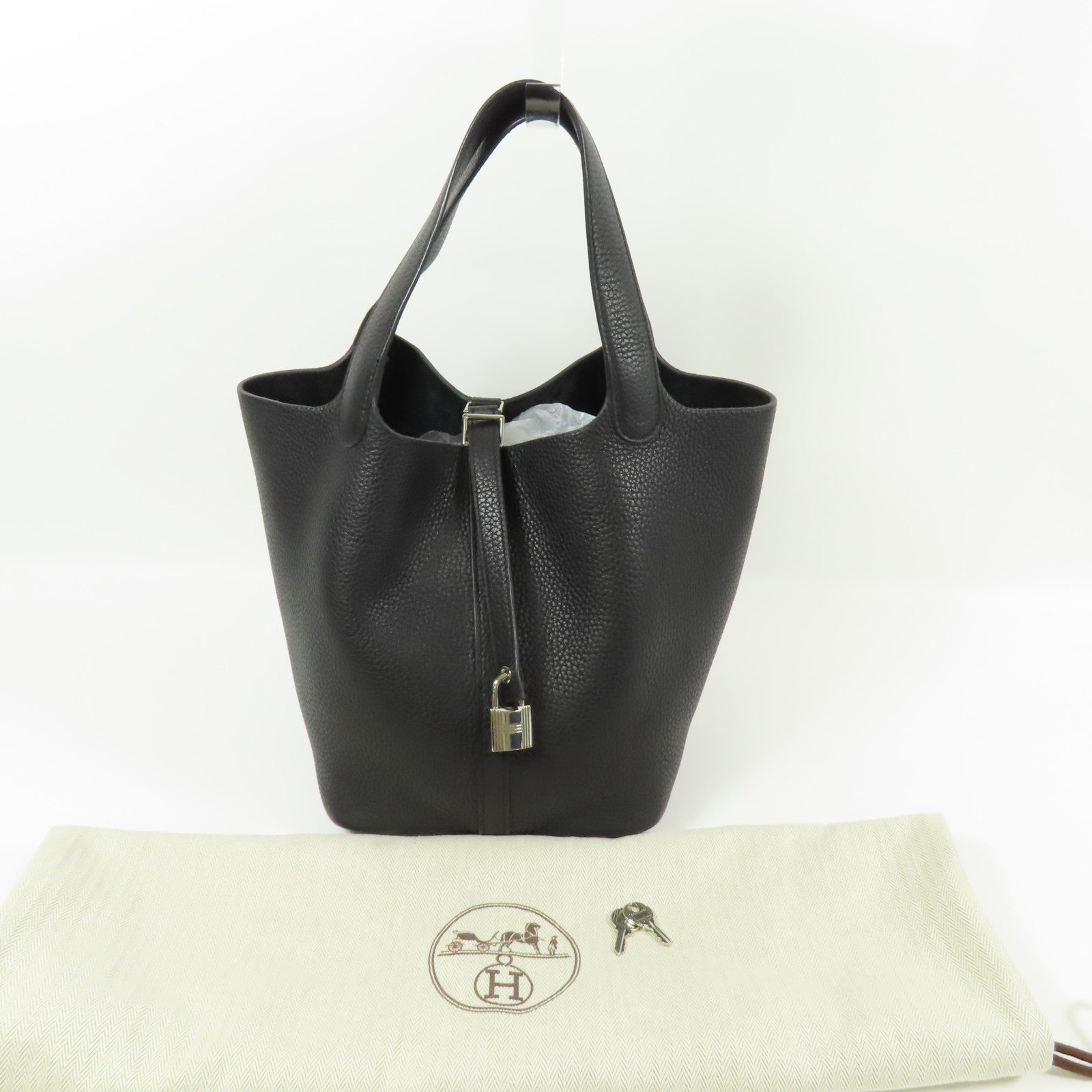 HERMES PHW Picotin MM Hand Bag/Bucket Tote Bag Clemence Leather Black