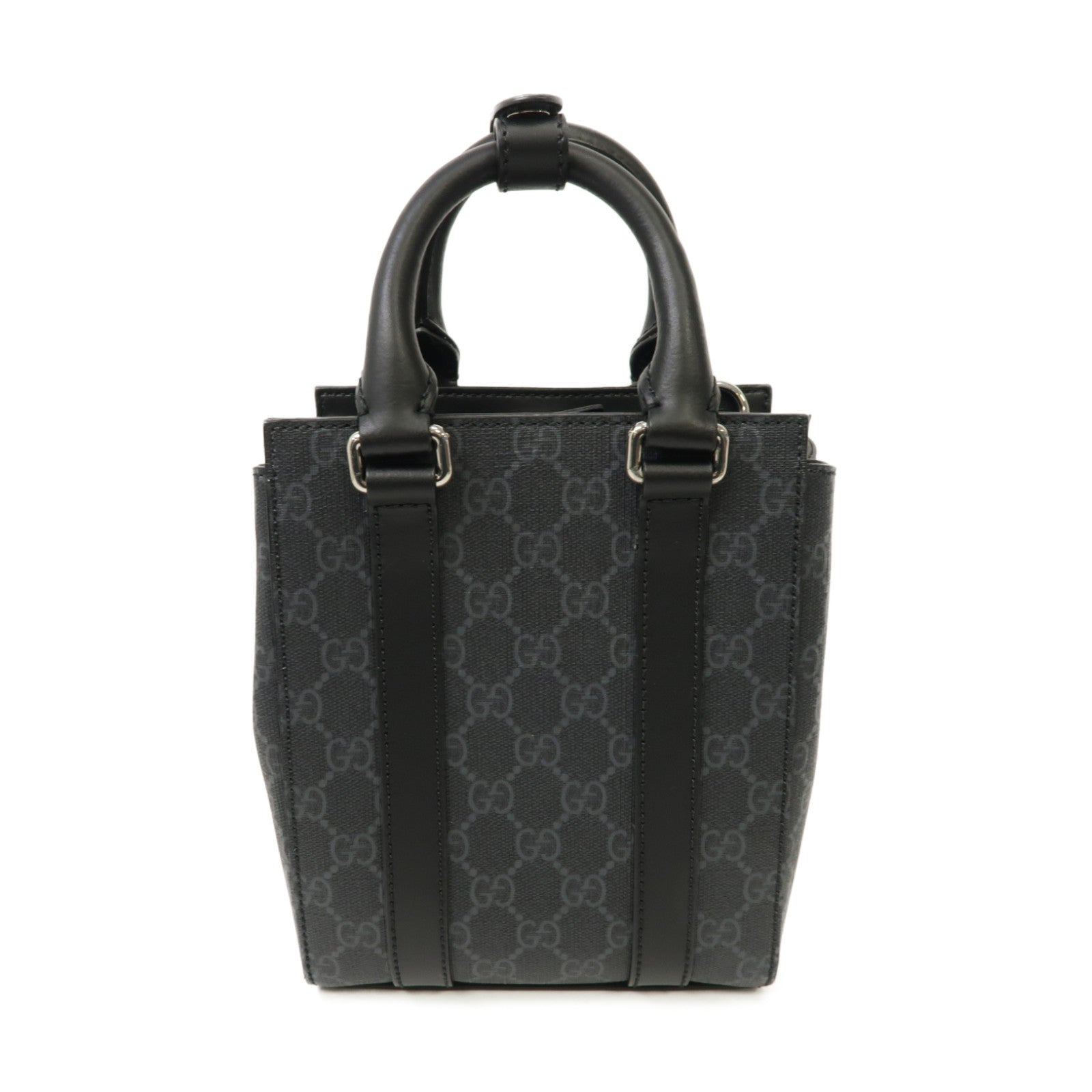 GUCCI 塗層帆布/皮革GG Supreme Mini Tote銀扣手挽肩背兩用袋黑色