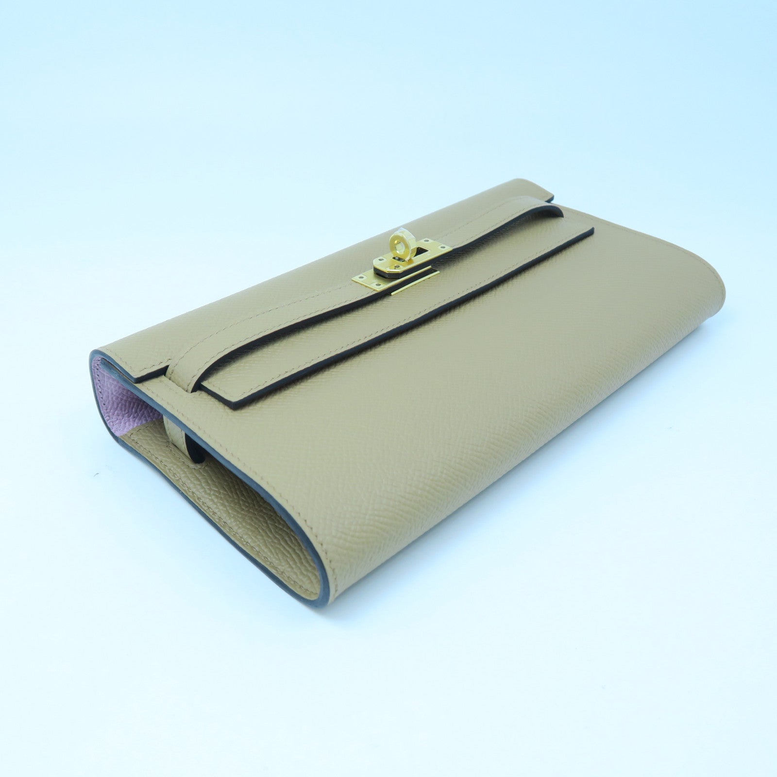HERMES Epsom Leather Kelly To Go Gold Buckle Long Wallet Milk Tea/Mallow Purple