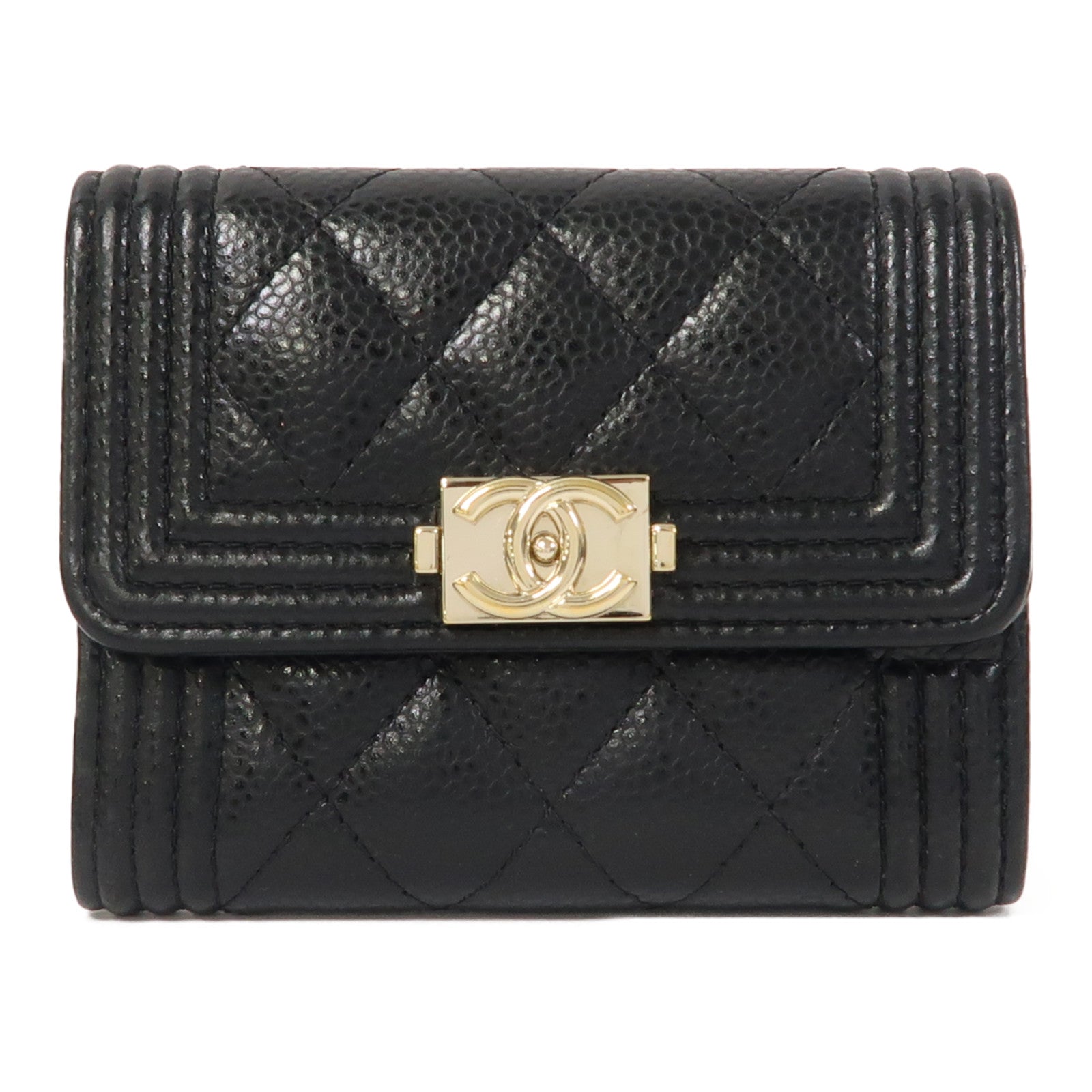 CHANEL 菱格牛皮皮革Boy Chanel Flap Card Holder金扣卡片套黑色