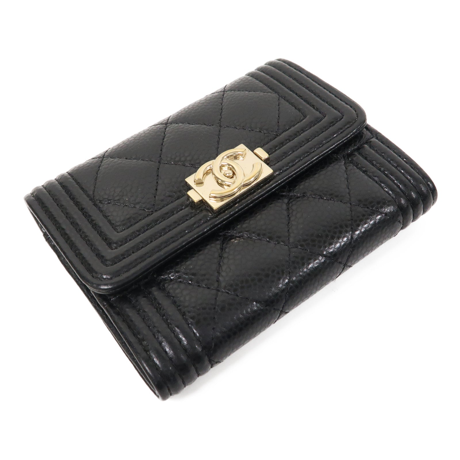 CHANEL 菱格牛皮皮革Boy Chanel Flap Card Holder金扣卡片套黑色