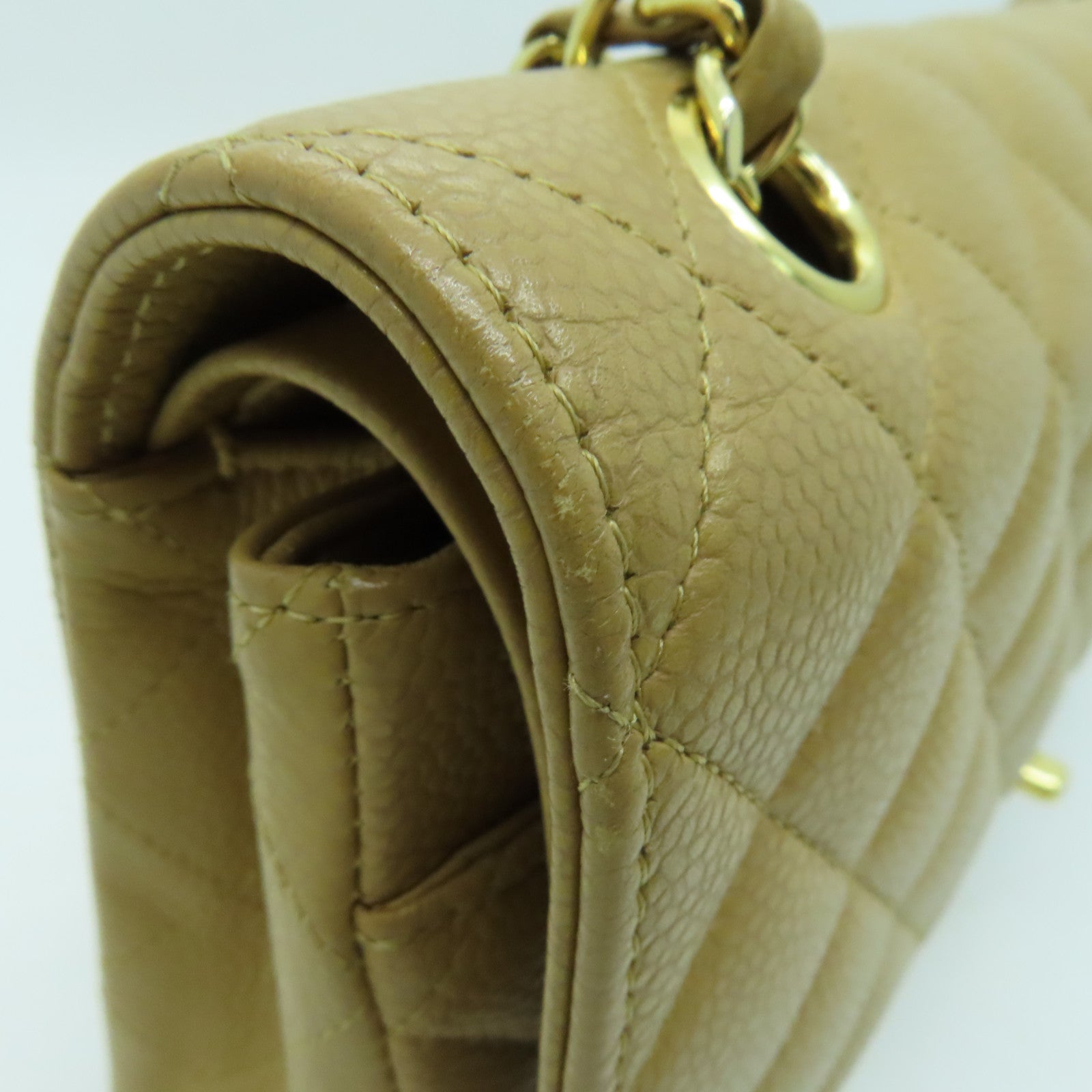 CHANEL 菱格Caviar皮革Chain Shoulder Bag金扣链带肩背袋米色
