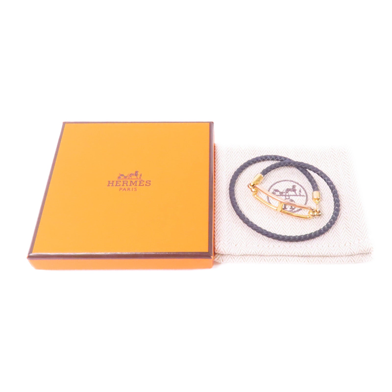 HERMES 【激減優惠】牛皮皮革/金屬Roulis Double Tour Bracelet手鏈米灰色/金色