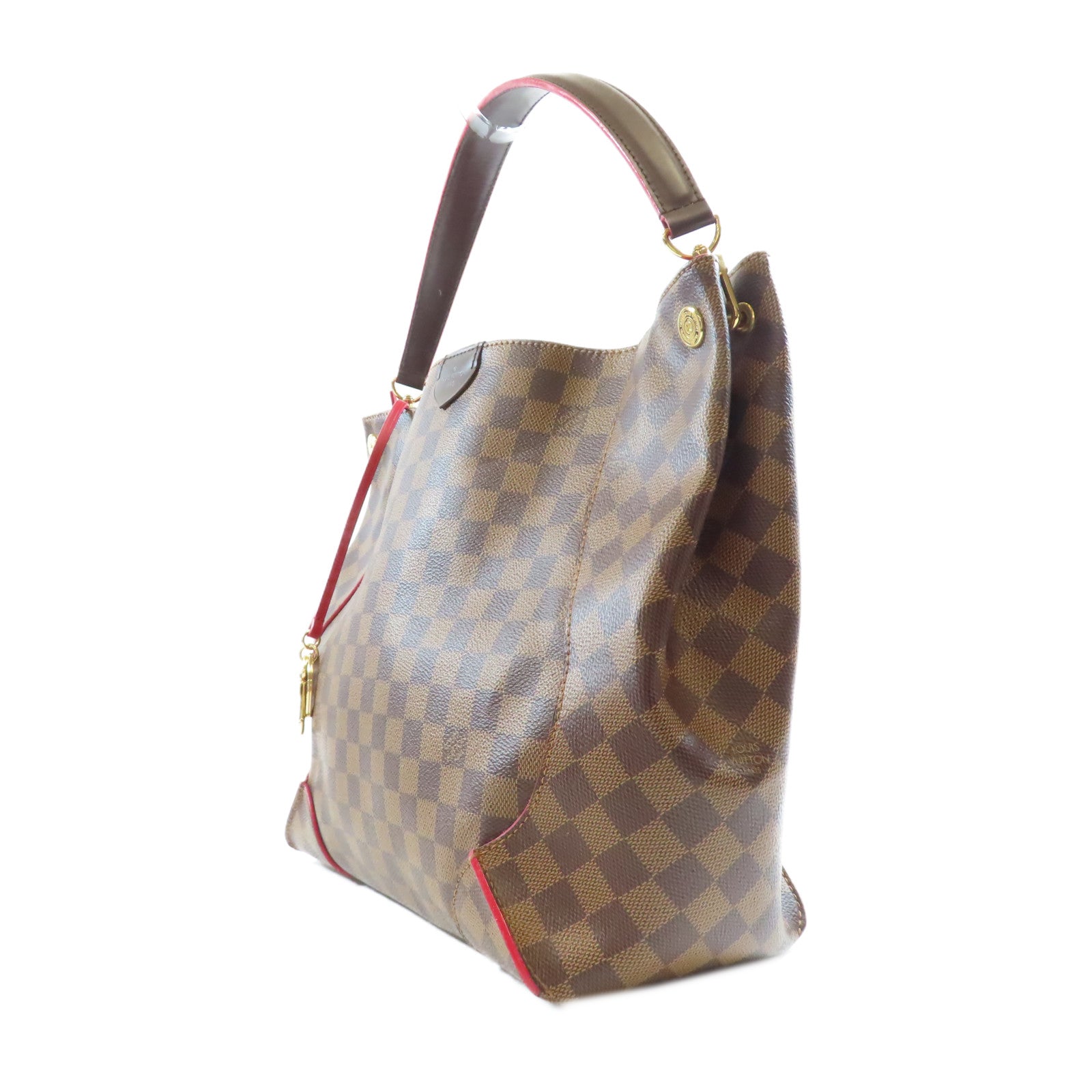 LOUIS VUITTON Damier Caissa Hobo金扣肩背袋棕色/紅色