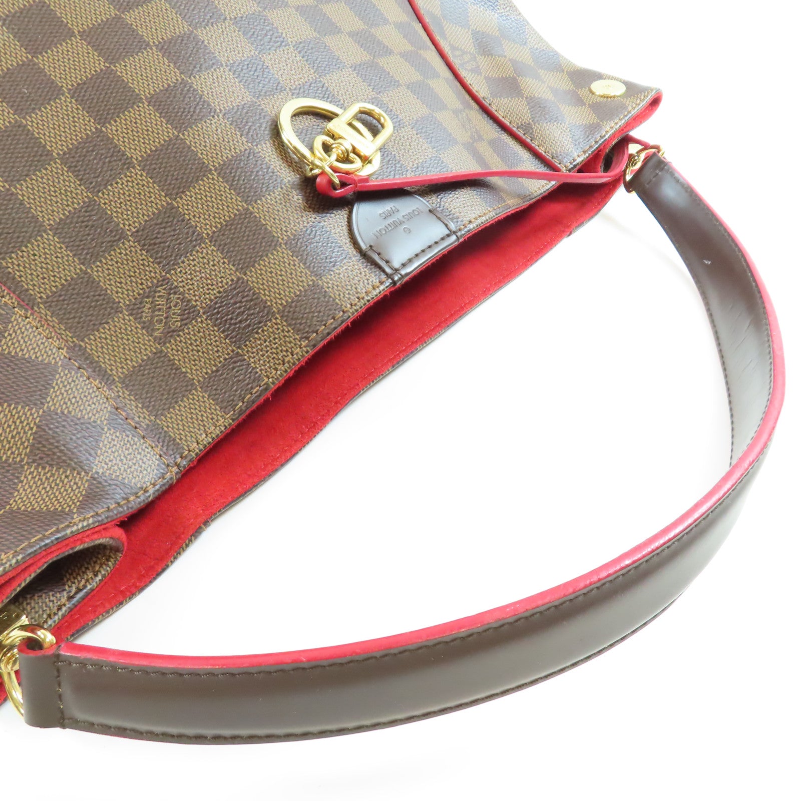 LOUIS VUITTON Damier Caissa Hobo金扣肩背袋棕色/紅色