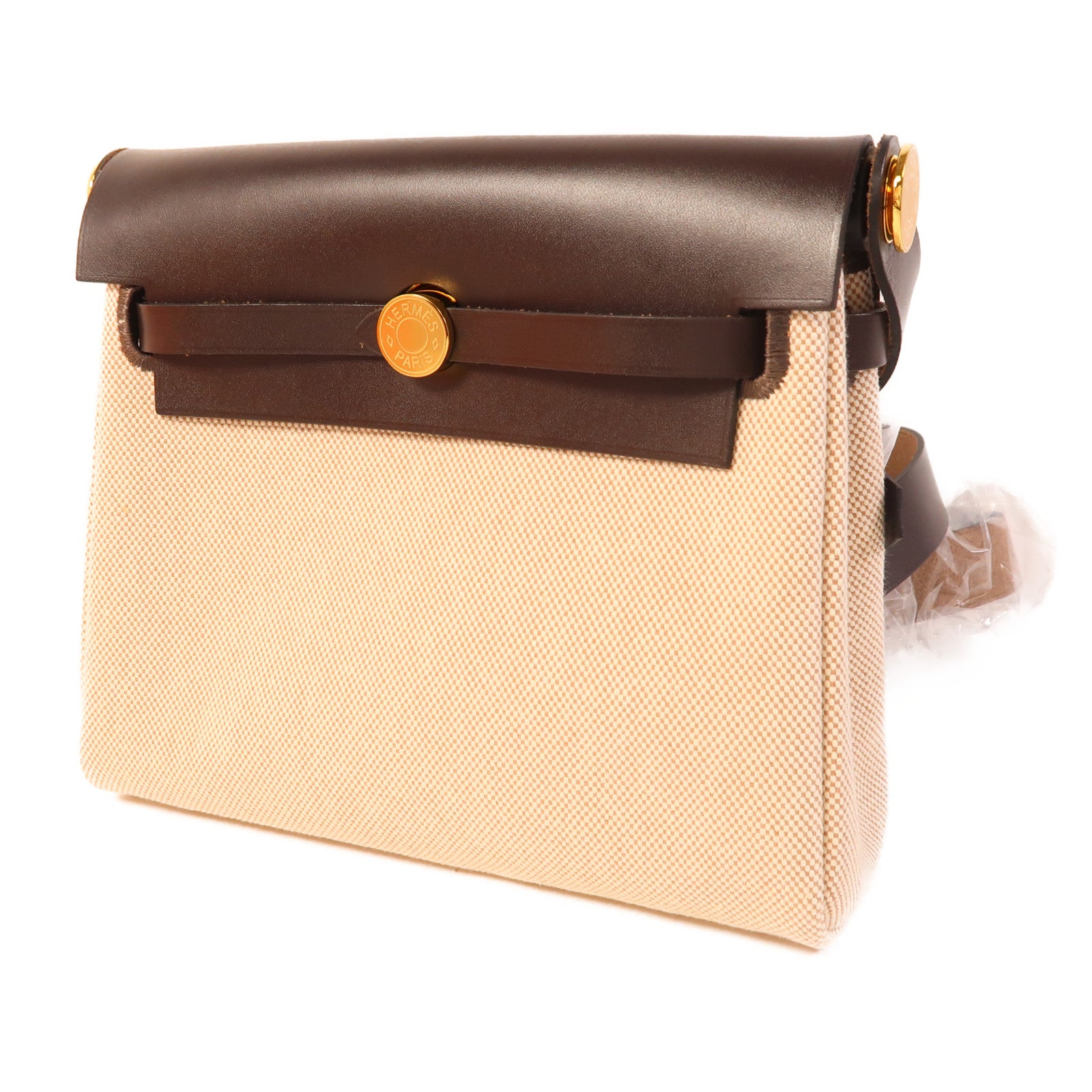 HERMES Swift皮革/帆布Herbag Zip Rt 20金扣肩背袋Chocolate