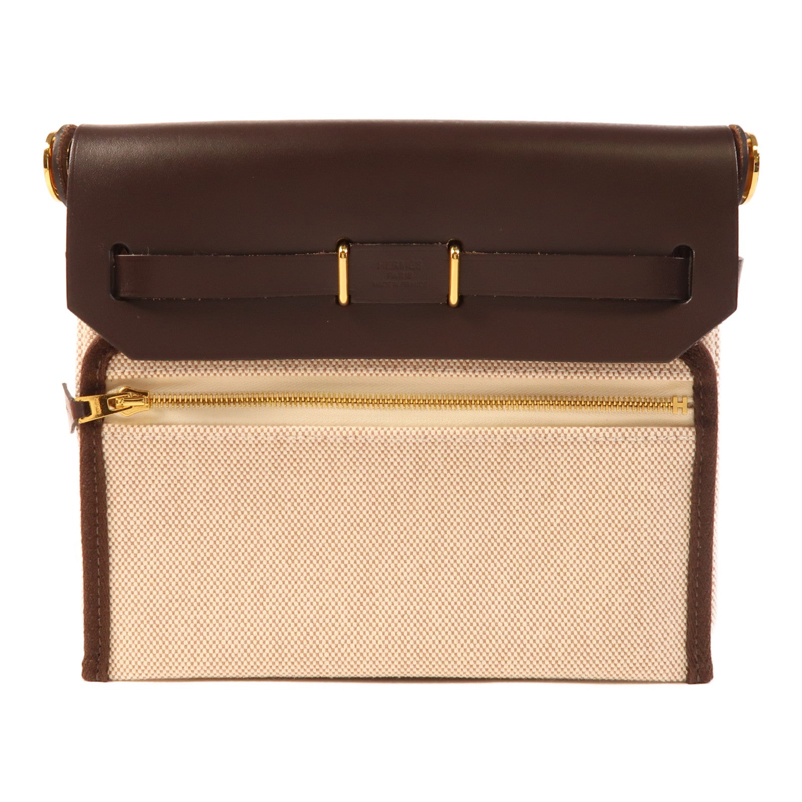 HERMES Swift皮革/帆布Herbag Zip Rt 20金扣肩背袋Chocolate
