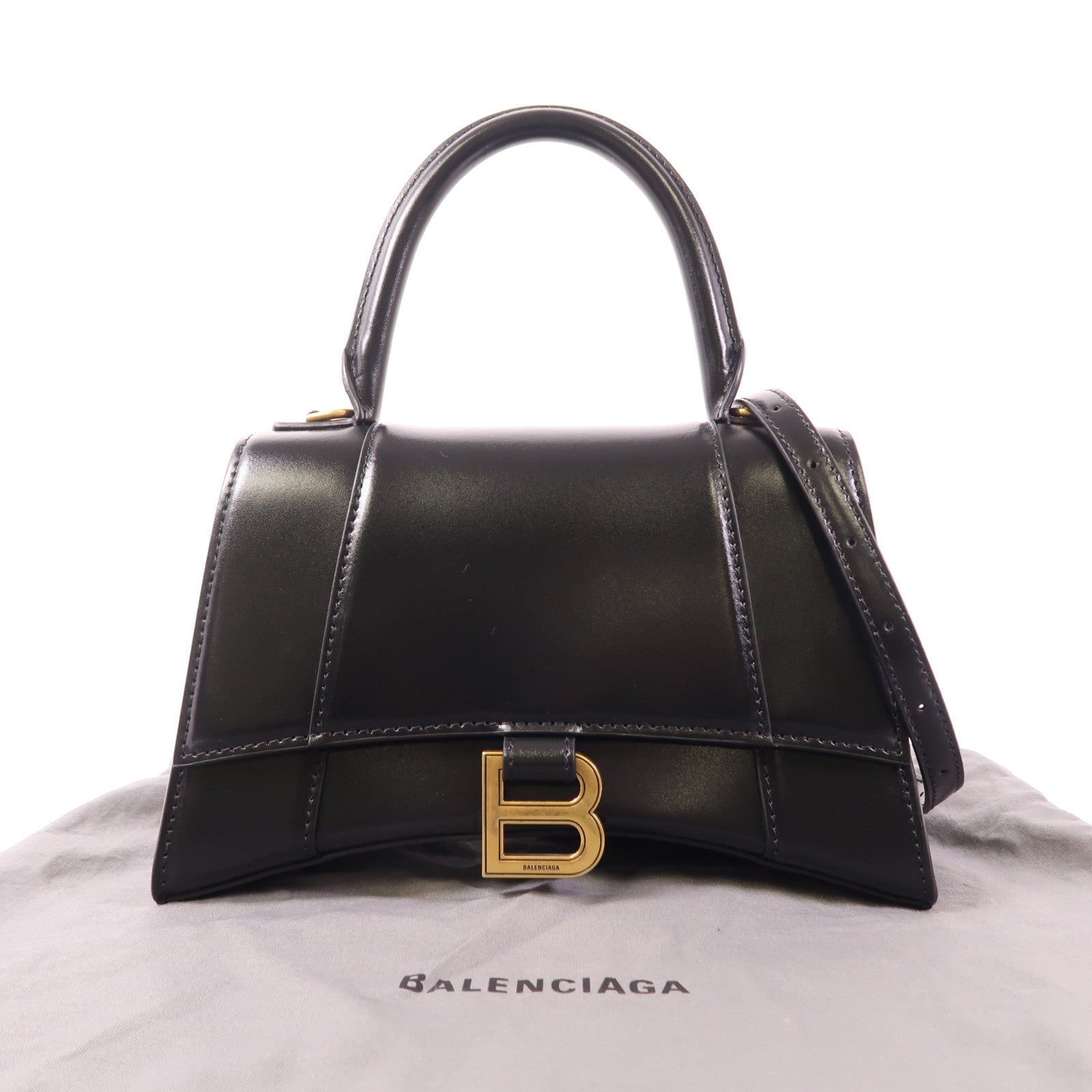 BALENCIAGA GHW Hourglass Small 2 Way Shoulder Bag Handbag Calfskin Leather Black