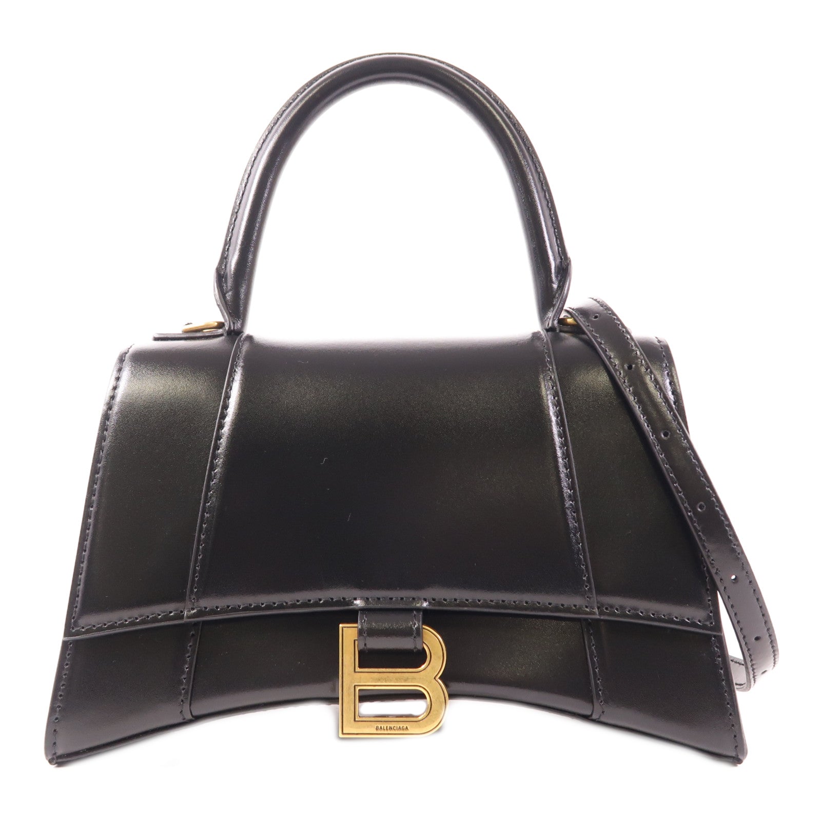 BALENCIAGA GHW Hourglass Small 2 Way Shoulder Bag Handbag Calfskin Leather Black
