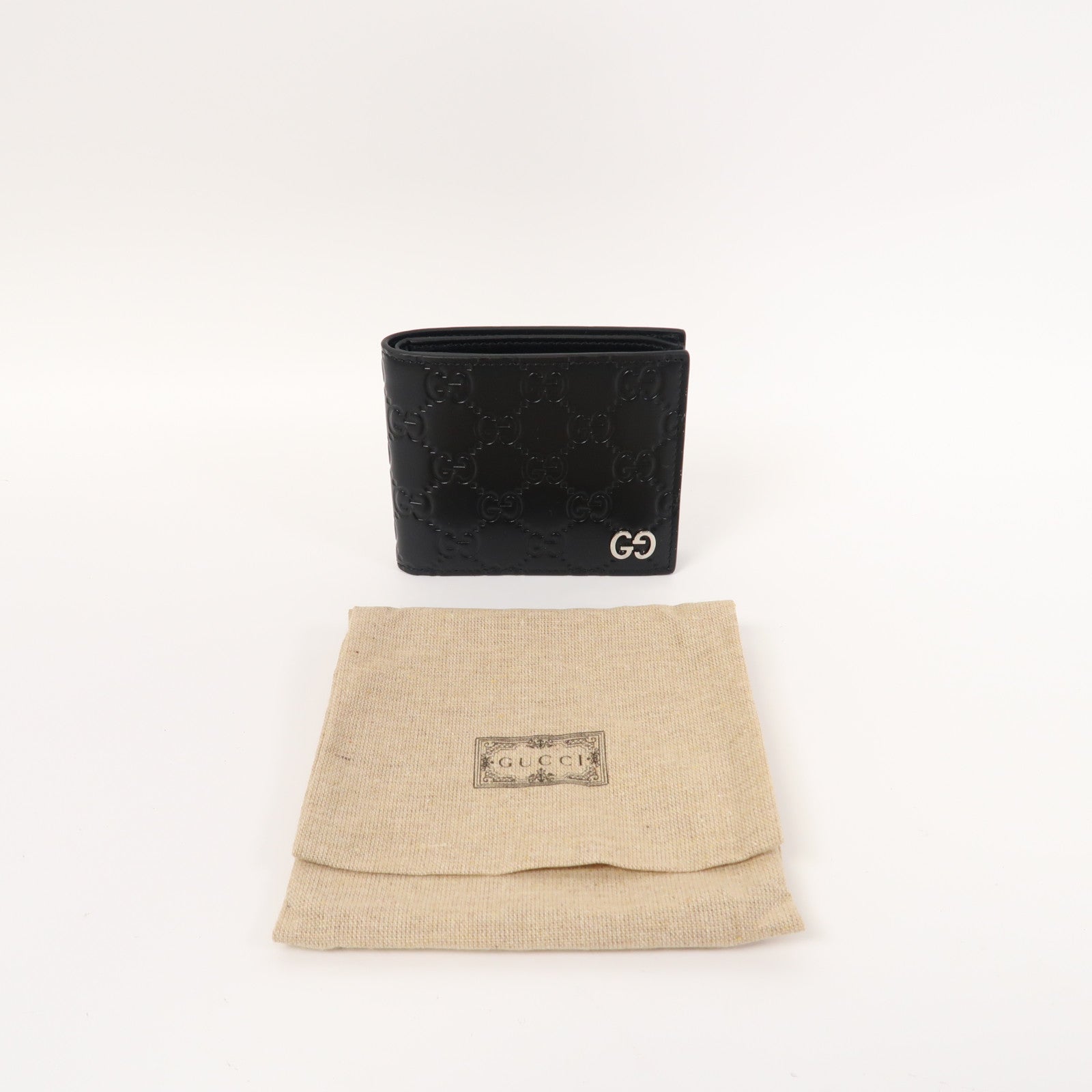 GUCCI 牛皮皮革Signature Fold Wallet銀扣錢包黑色