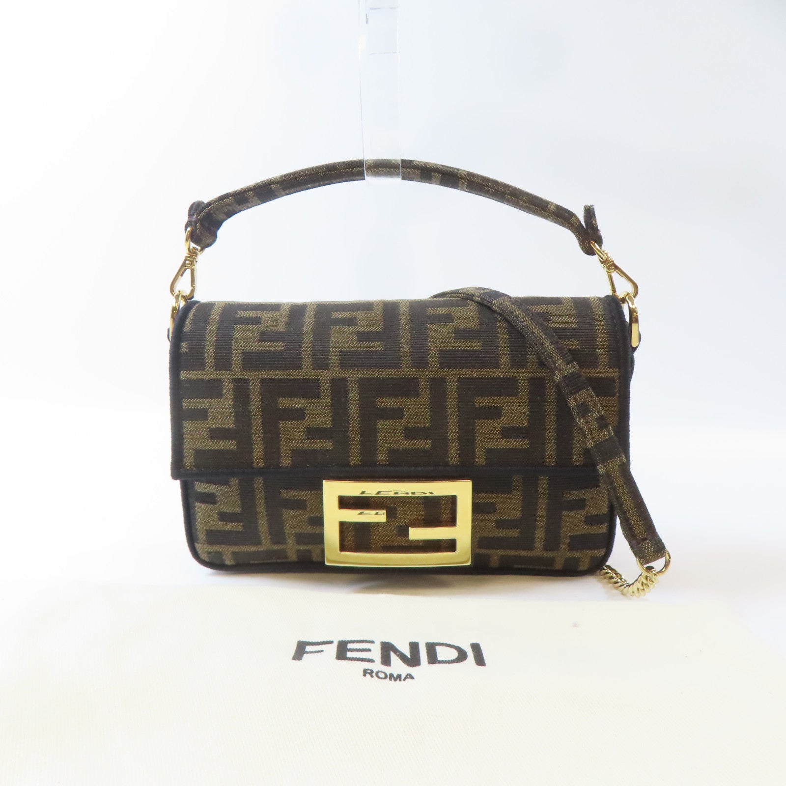 FENDI 帆布Mini Baguette金扣手挽肩背兩用袋啡色