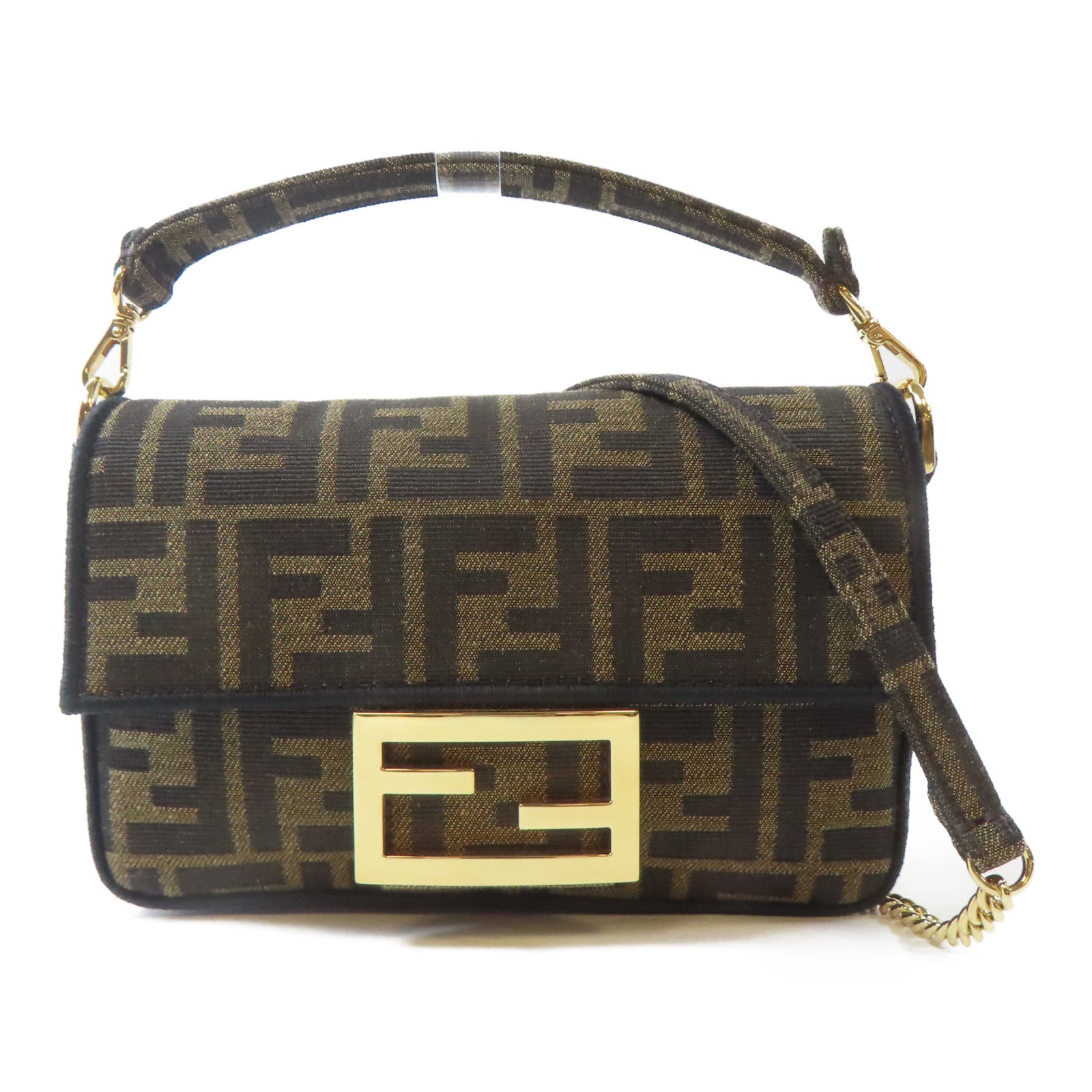 FENDI 帆布Mini Baguette金扣手挽肩背兩用袋啡色