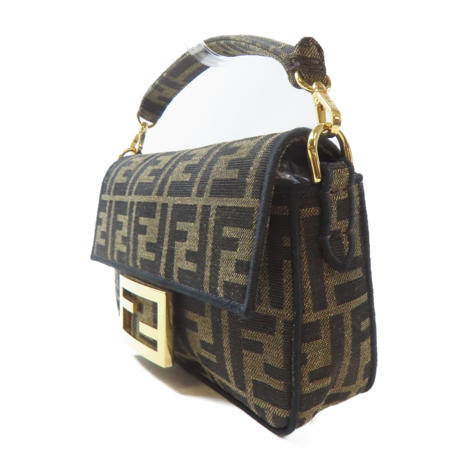 FENDI 帆布Mini Baguette金扣手挽肩背兩用袋啡色