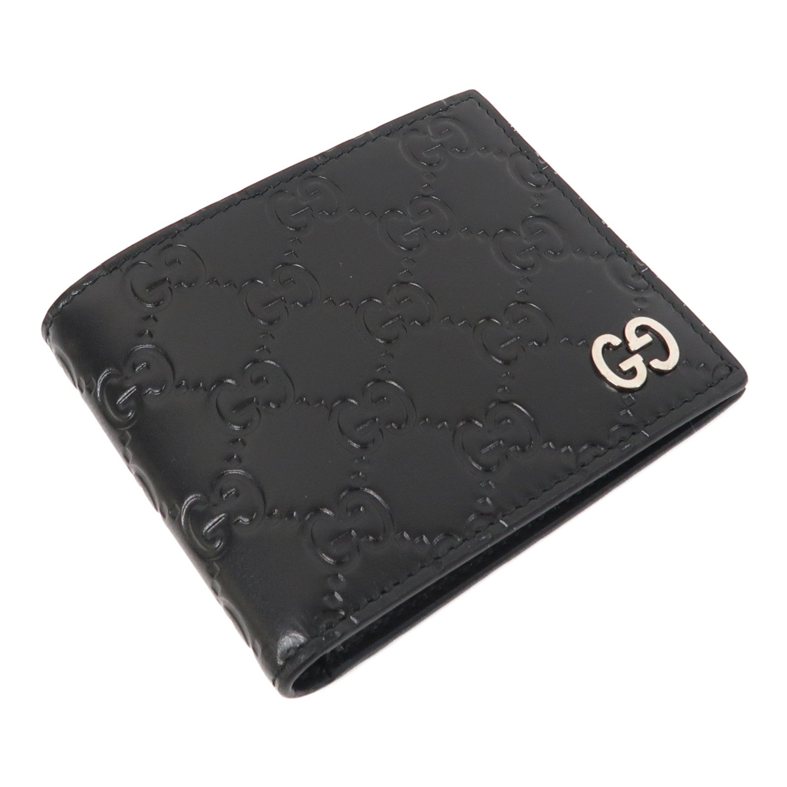 GUCCI 牛皮皮革Signature Fold Wallet銀扣錢包黑色