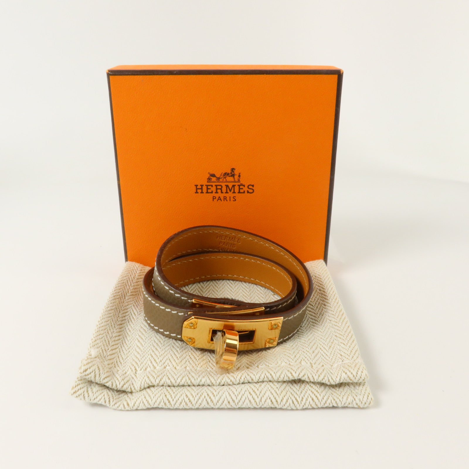 HERMES Epsom皮革Kelly Double Tour Bracelet金扣手鏈Etoupe