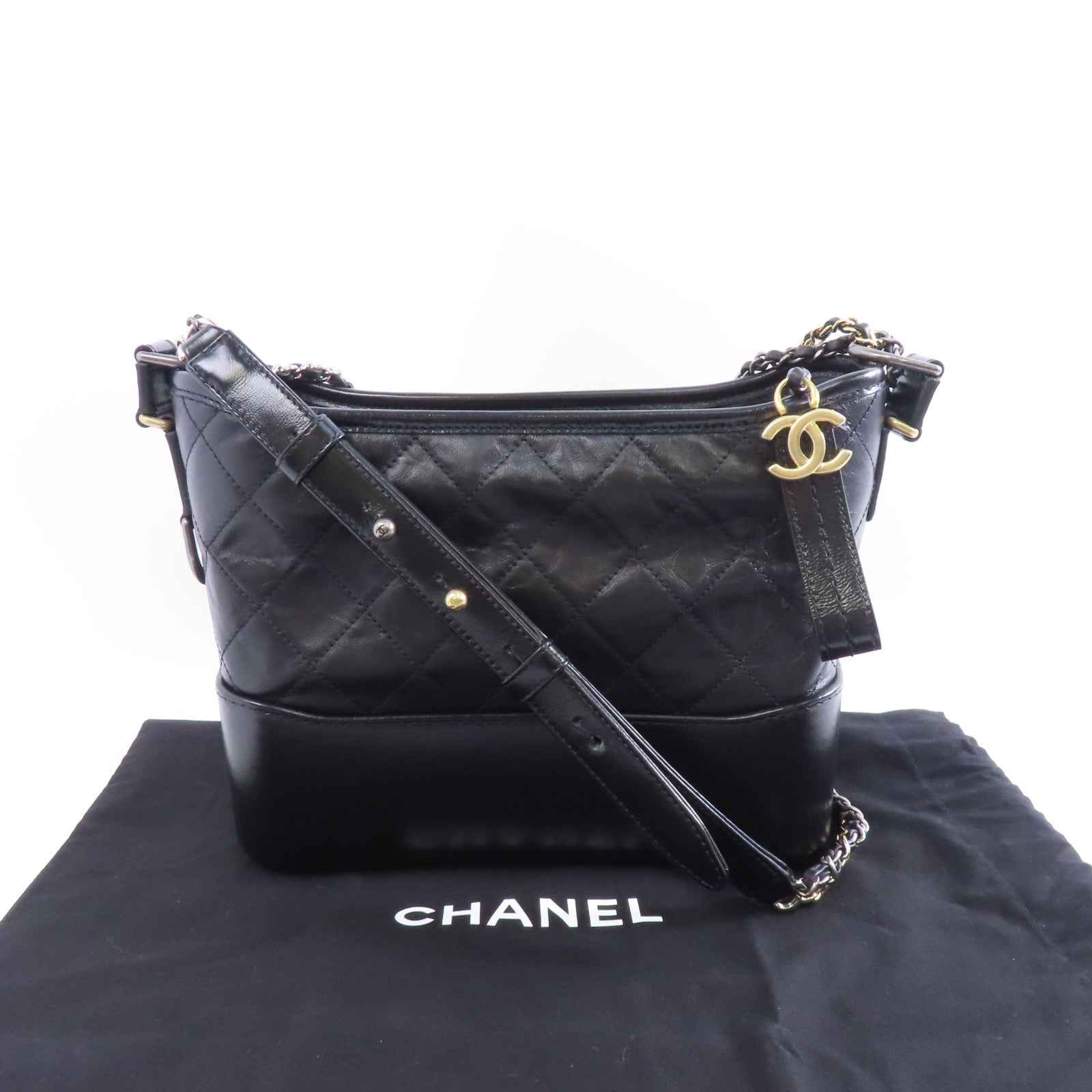 CHANEL 菱格牛皮皮革Gabrielle鏈帶肩背袋黑色