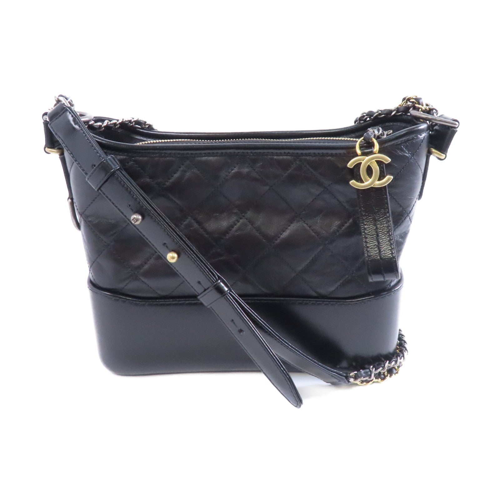 CHANEL 菱格牛皮皮革Gabrielle鏈帶肩背袋黑色