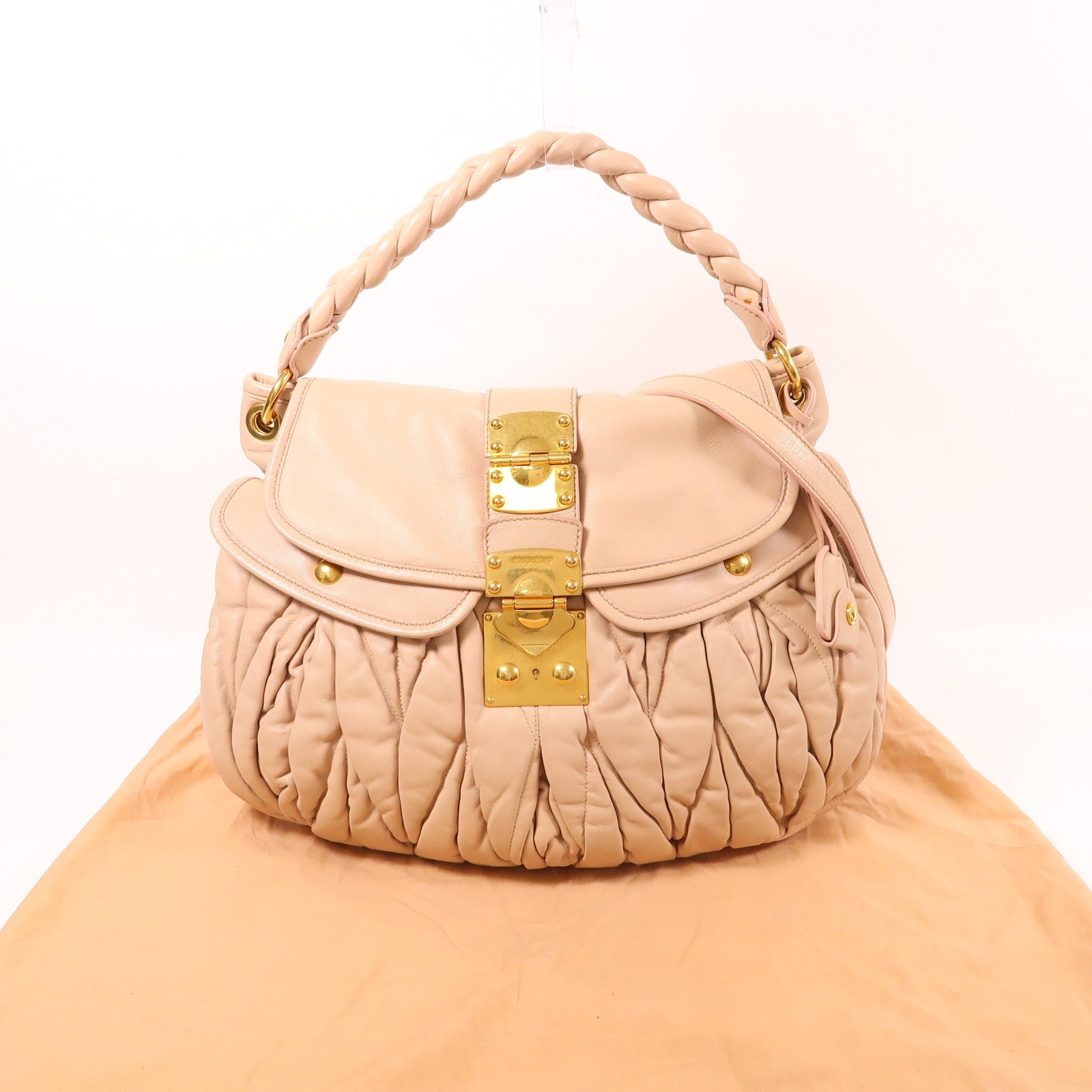 Miu Miu GHW Coffer 2 Way Shoulder Bag Lambskin Leather Pink