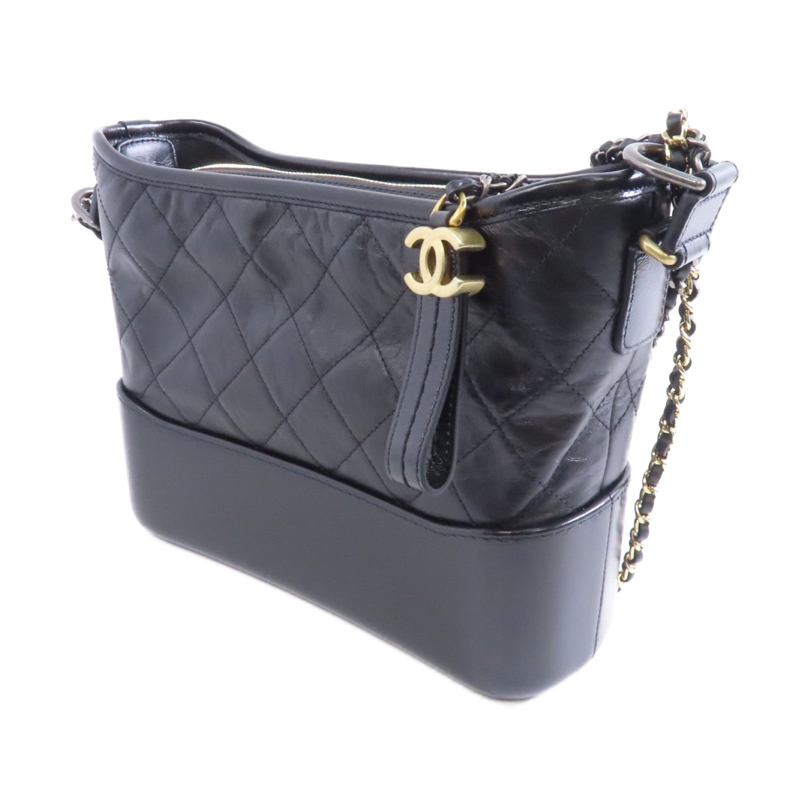 CHANEL 菱格牛皮皮革Gabrielle鏈帶肩背袋黑色