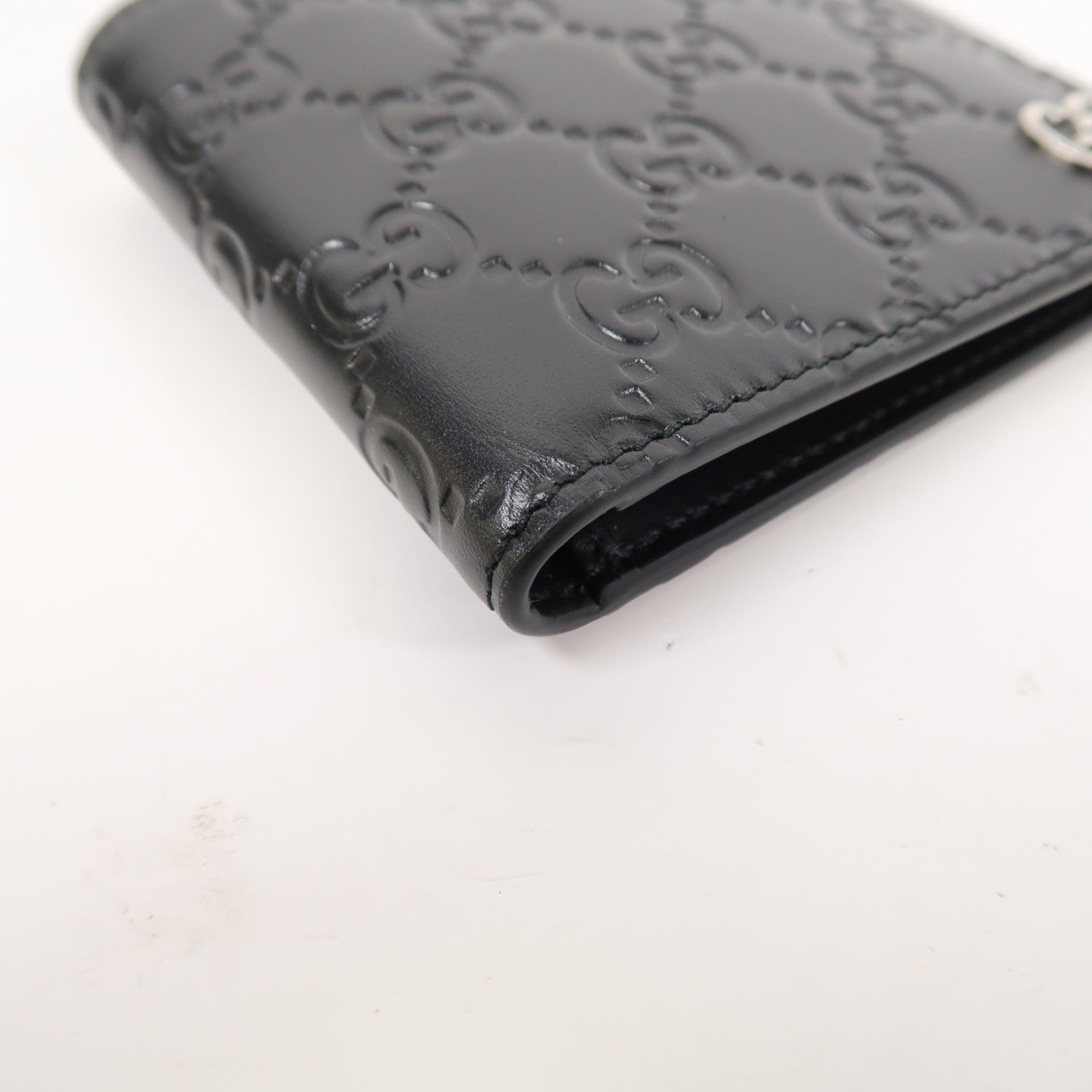 GUCCI 牛皮皮革Signature Fold Wallet銀扣錢包黑色