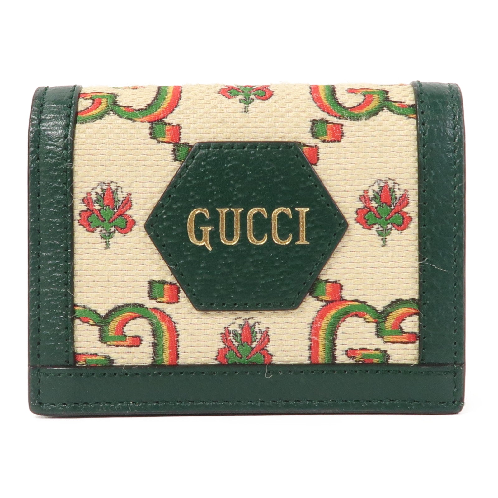 GUCCI 帆布/皮革100 Centennial Card Case/Wallet金扣錢包綠色