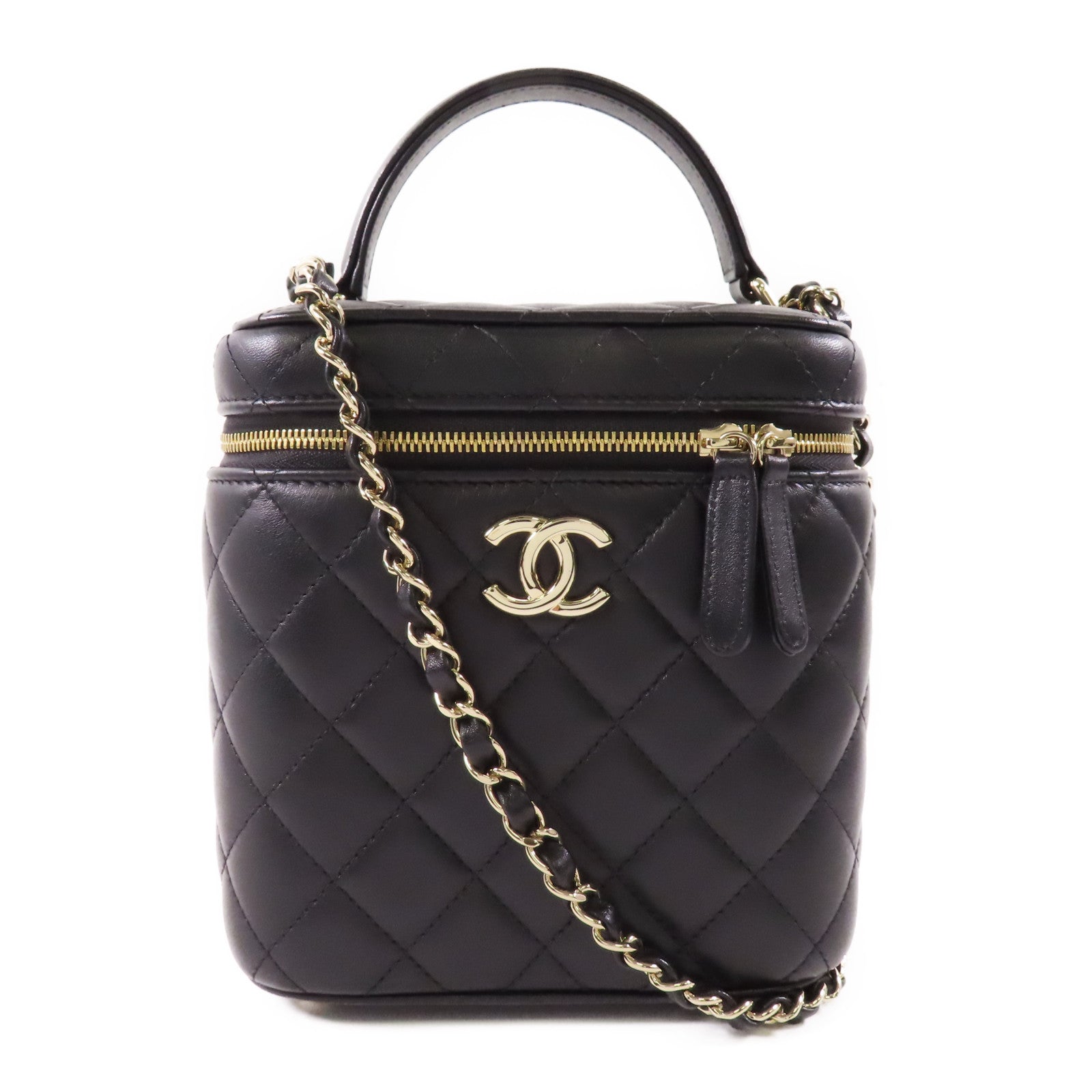CHANEL 羊皮皮革Vanity Case金扣鏈帶手挽肩背兩用袋