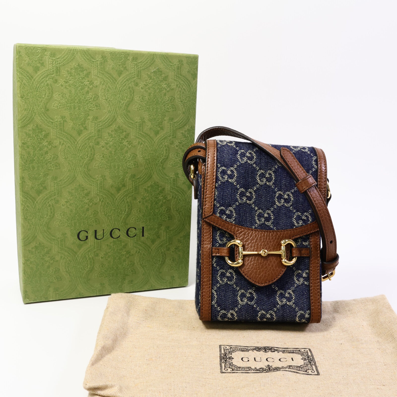 GUCCI 【激減優惠】皮革/牛仔布Horsebit 1955 Mini肩背袋