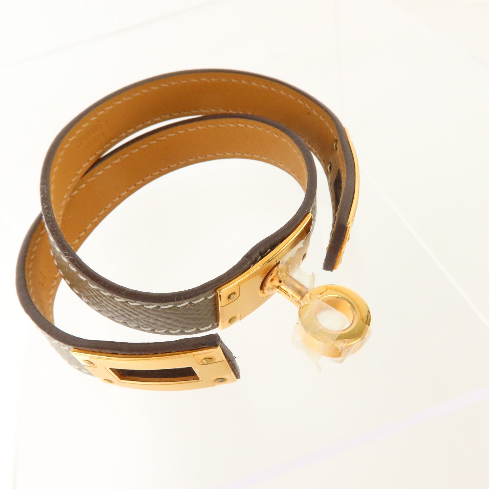 HERMES Epsom皮革Kelly Double Tour Bracelet金扣手鏈Etoupe