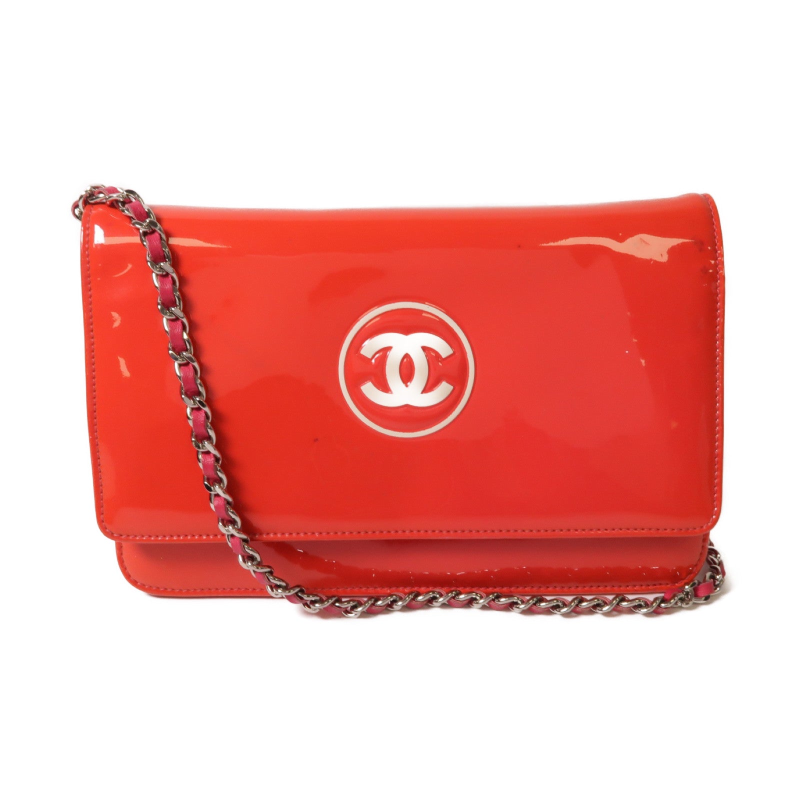 CHANEL **【激減優惠】漆皮皮革WOC銀扣鏈帶肩背袋紅色