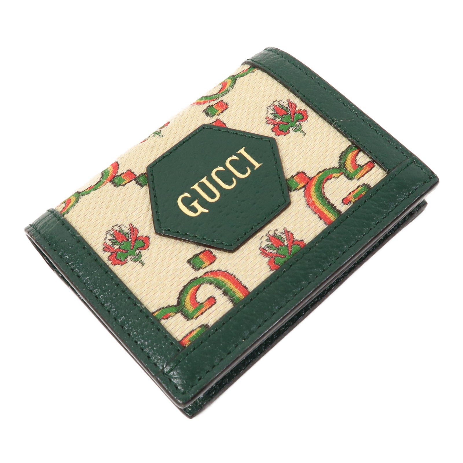 GUCCI 帆布/皮革100 Centennial Card Case/Wallet金扣錢包綠色