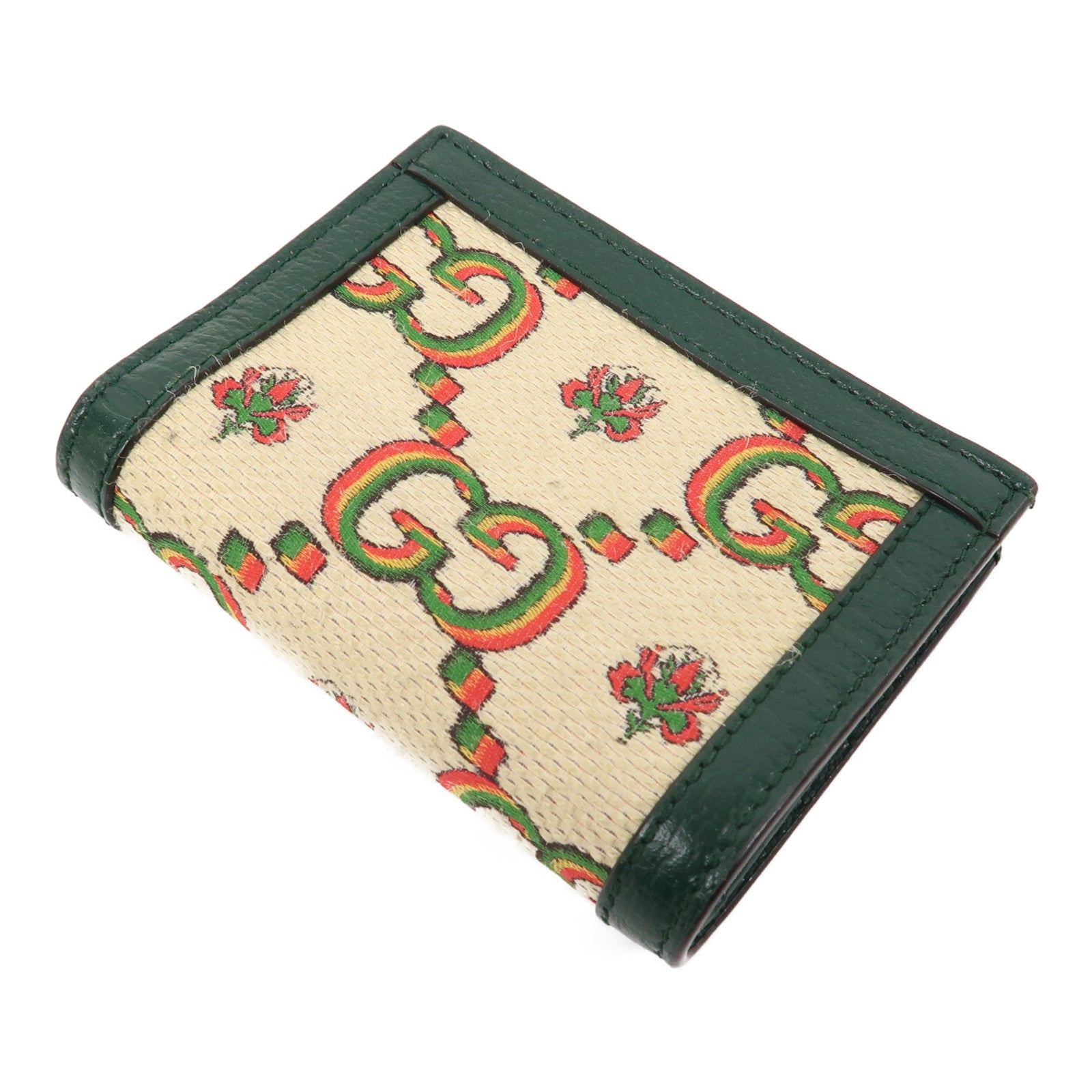 GUCCI 帆布/皮革100 Centennial Card Case/Wallet金扣錢包綠色