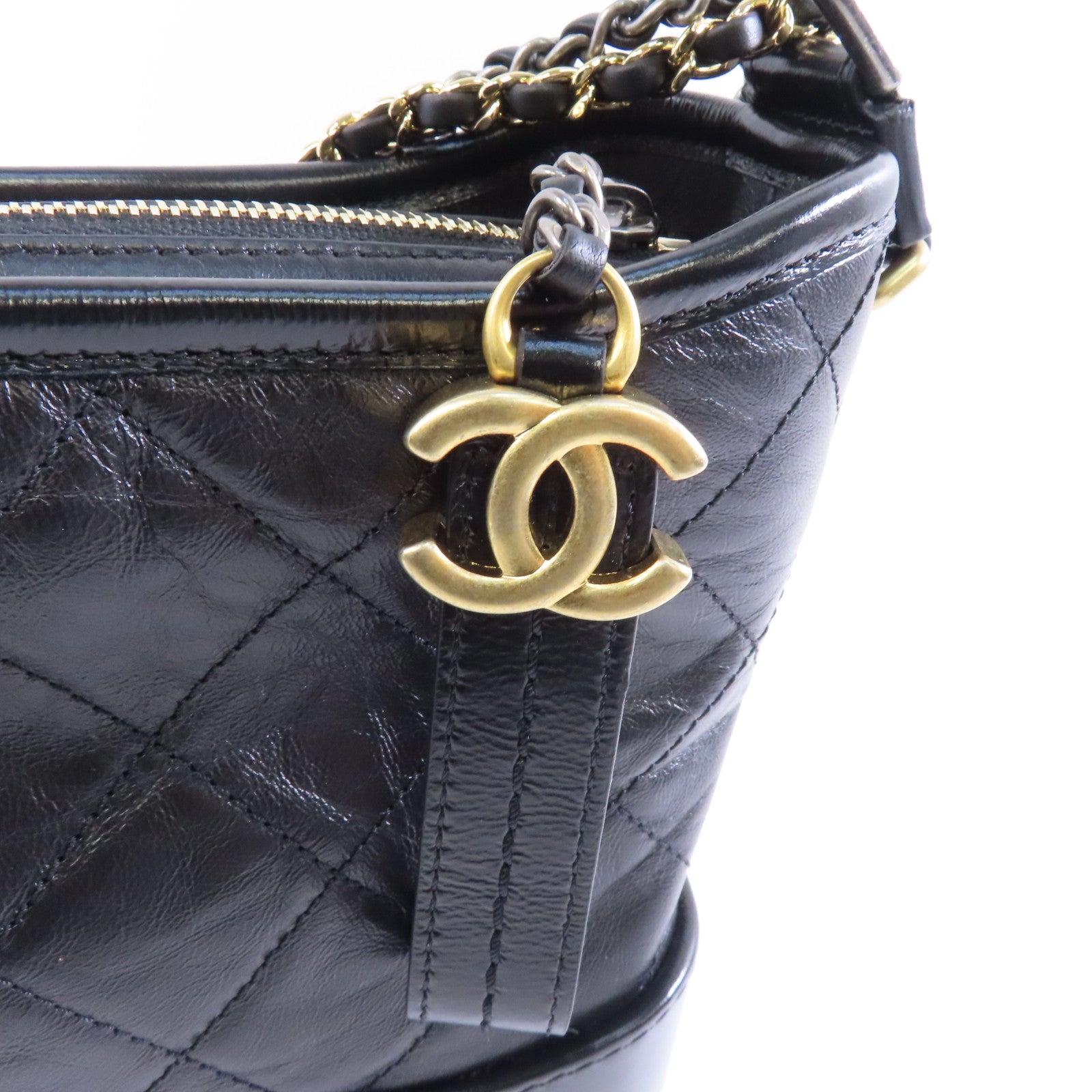 CHANEL 菱格牛皮皮革Gabrielle鏈帶肩背袋黑色