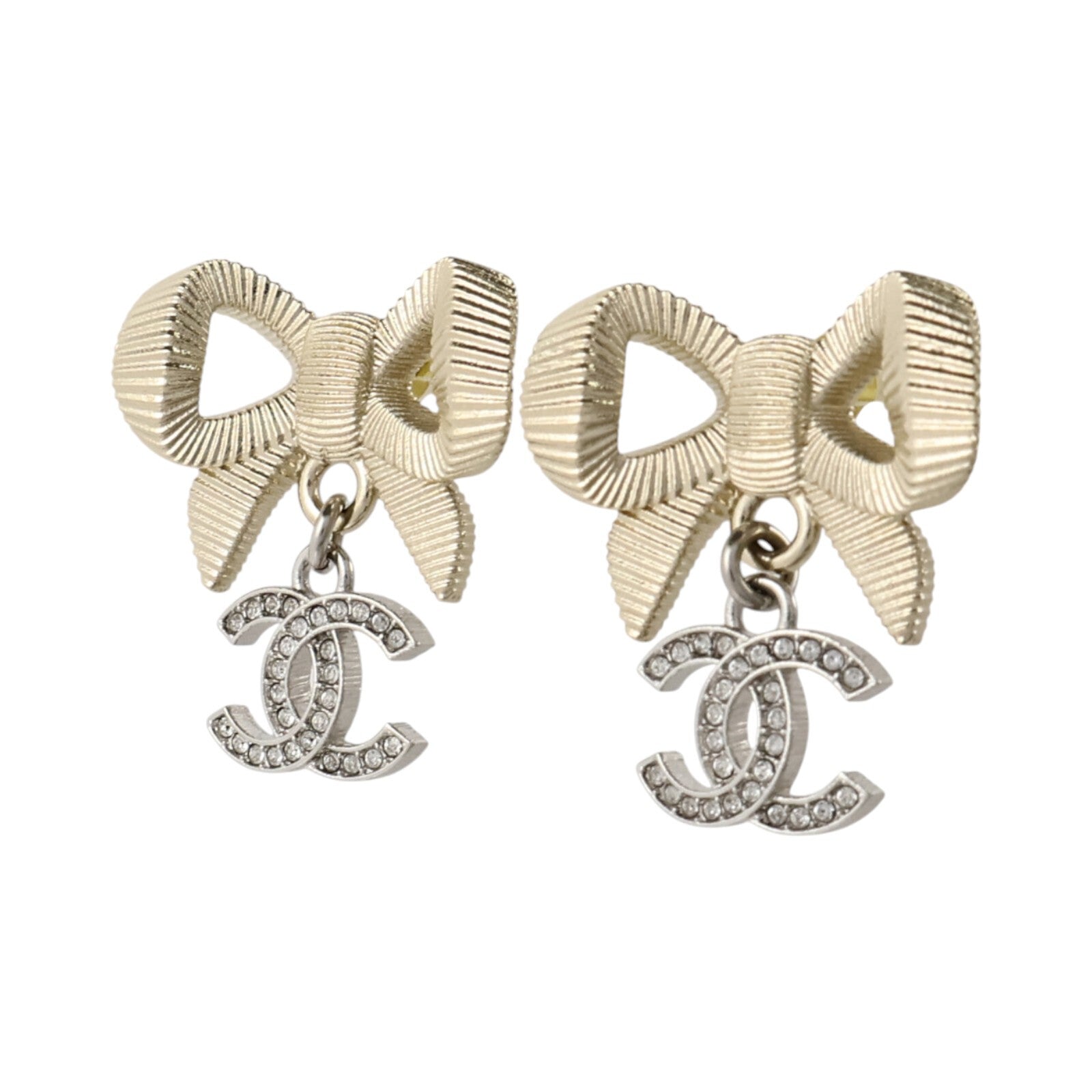 CHANEL 金屬Bow Knot Crystal CC Drop Earrings耳環