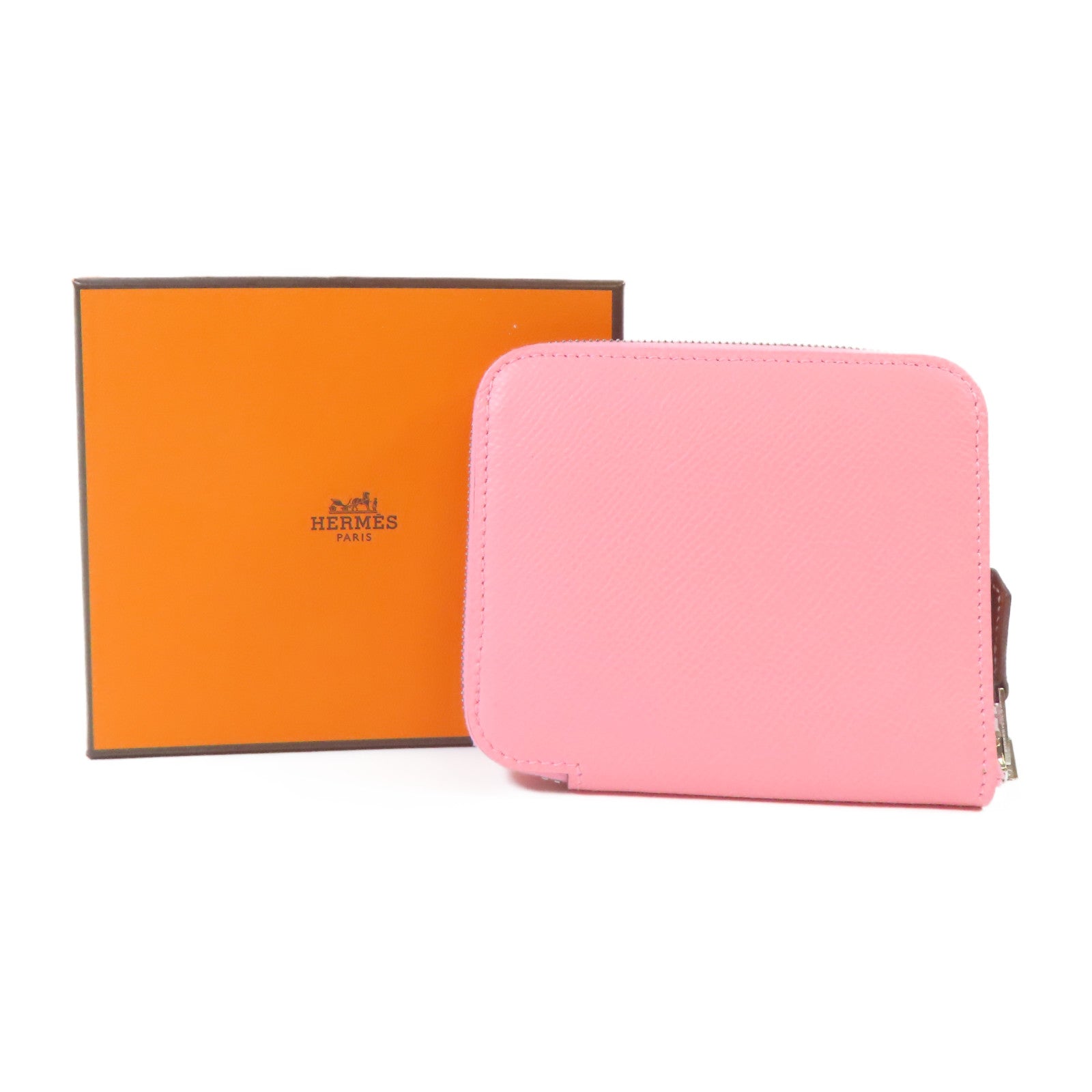 HERMES Epsom皮革Silk In Compact Wallet銀扣錢包Rose Azalee/粉紅色