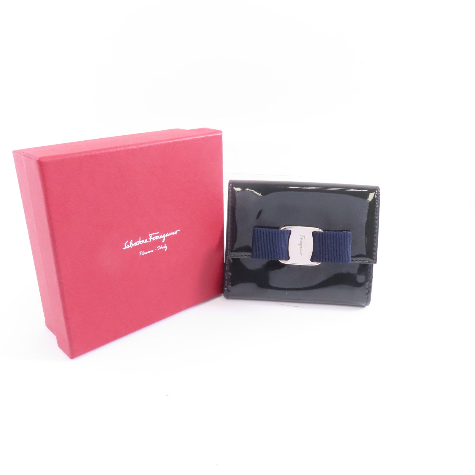 Salvatore Ferragamo 【激減優惠】漆皮皮革Wallet銀扣錢包藍色