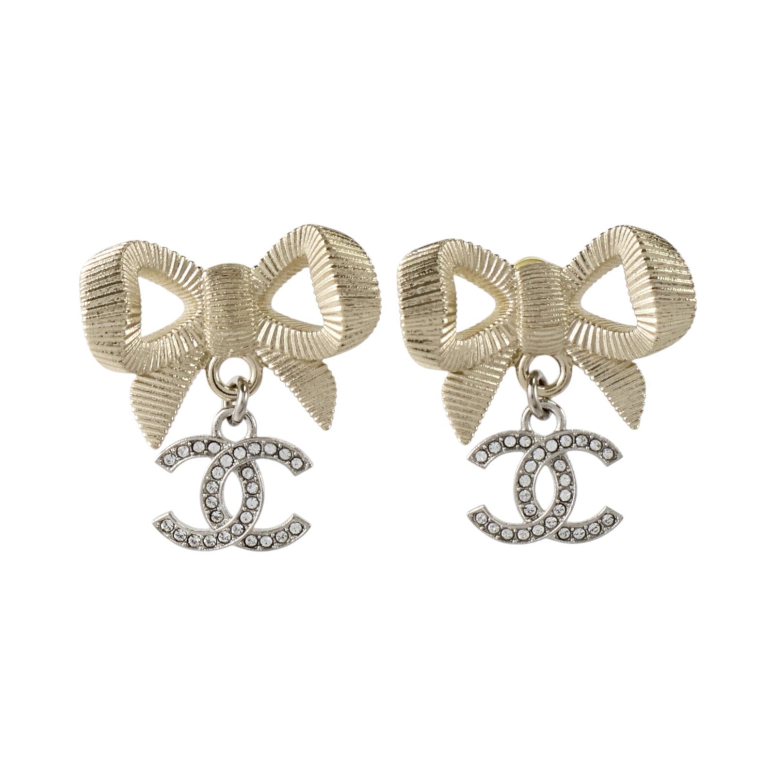 CHANEL 金屬Bow Knot Crystal CC Drop Earrings耳環