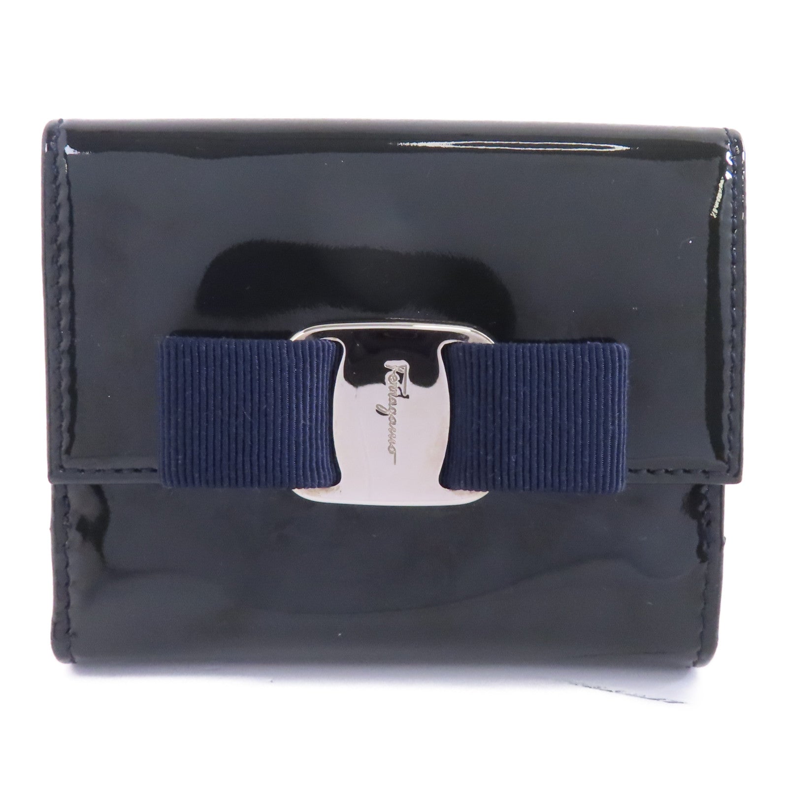Salvatore Ferragamo 【激減優惠】漆皮皮革Wallet銀扣錢包藍色