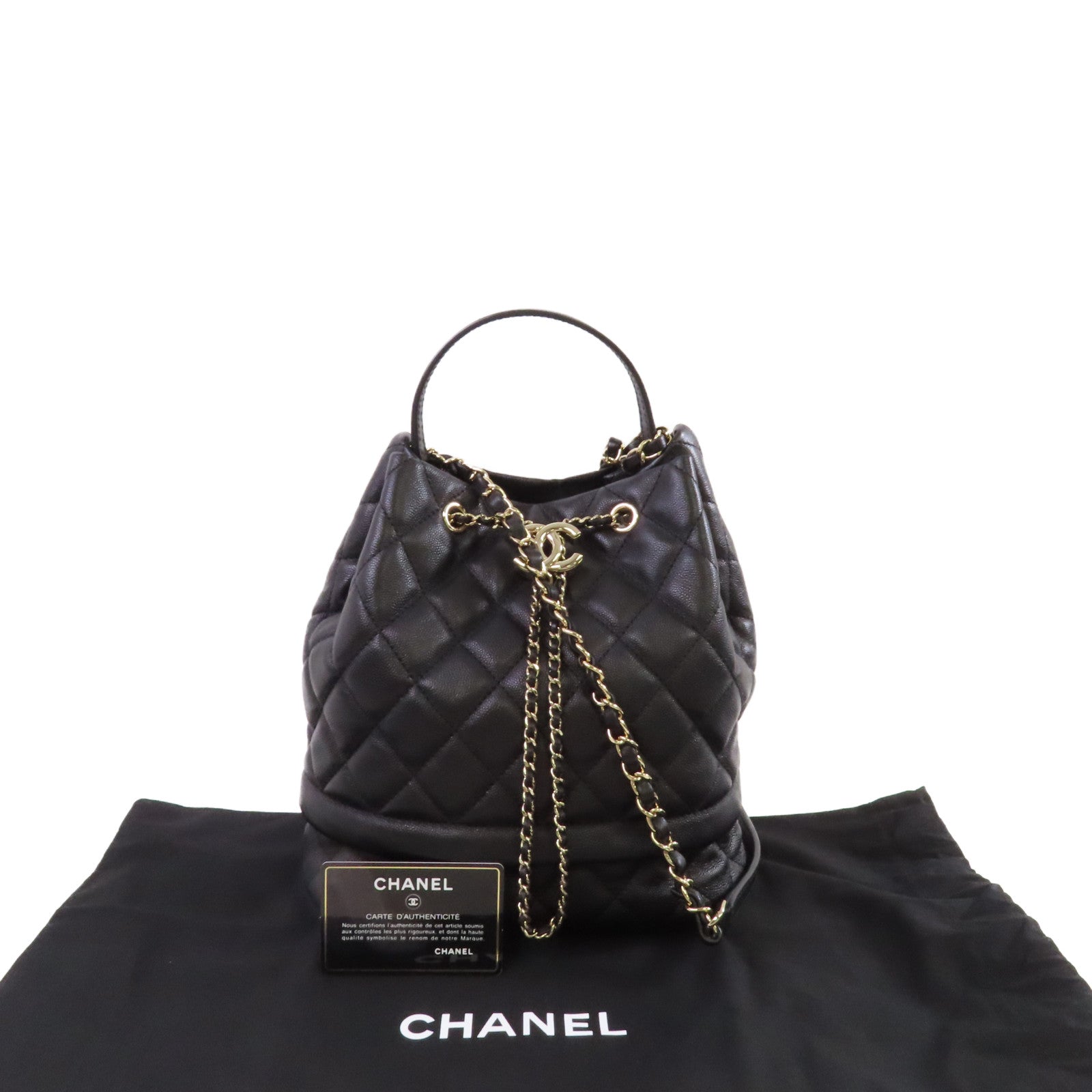 CHANEL 菱格Caviar皮革Bucket Bag金扣鏈帶手挽肩背兩用袋黑色