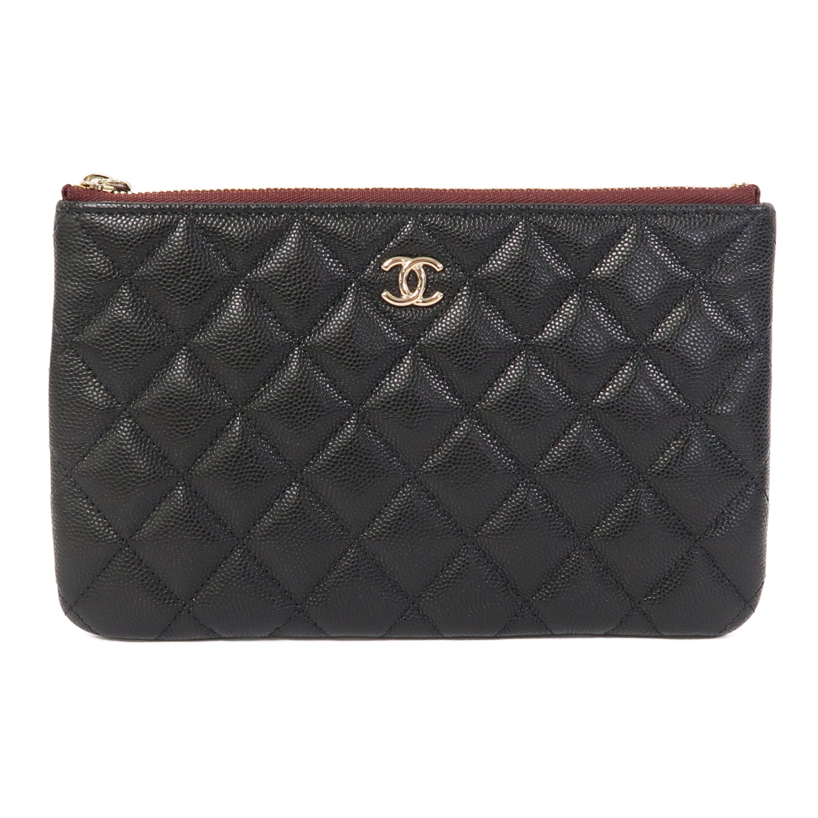 CHANEL 菱格牛皮皮革Pouch金扣手拿包黑色