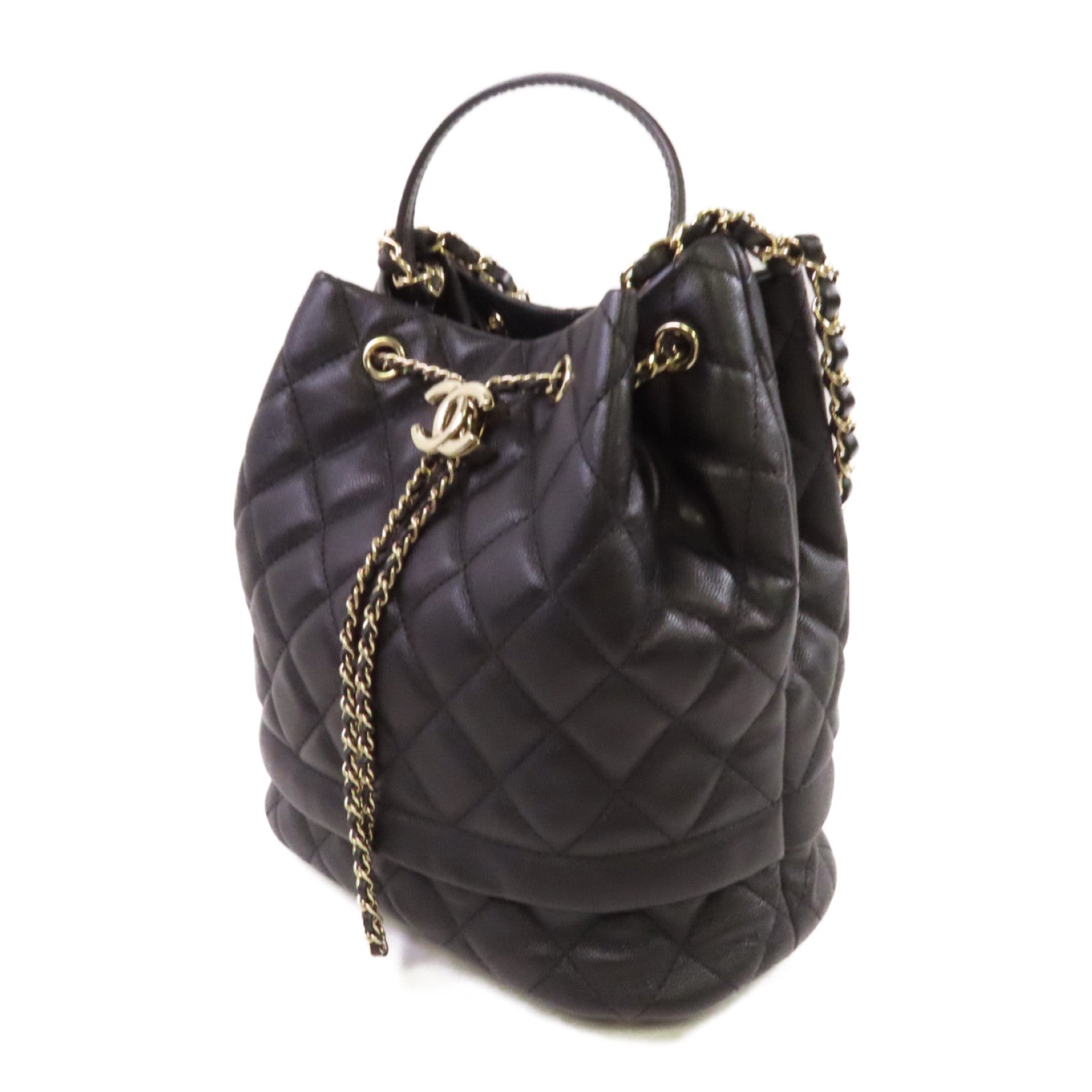 CHANEL 菱格Caviar皮革Bucket Bag金扣鏈帶手挽肩背兩用袋黑色