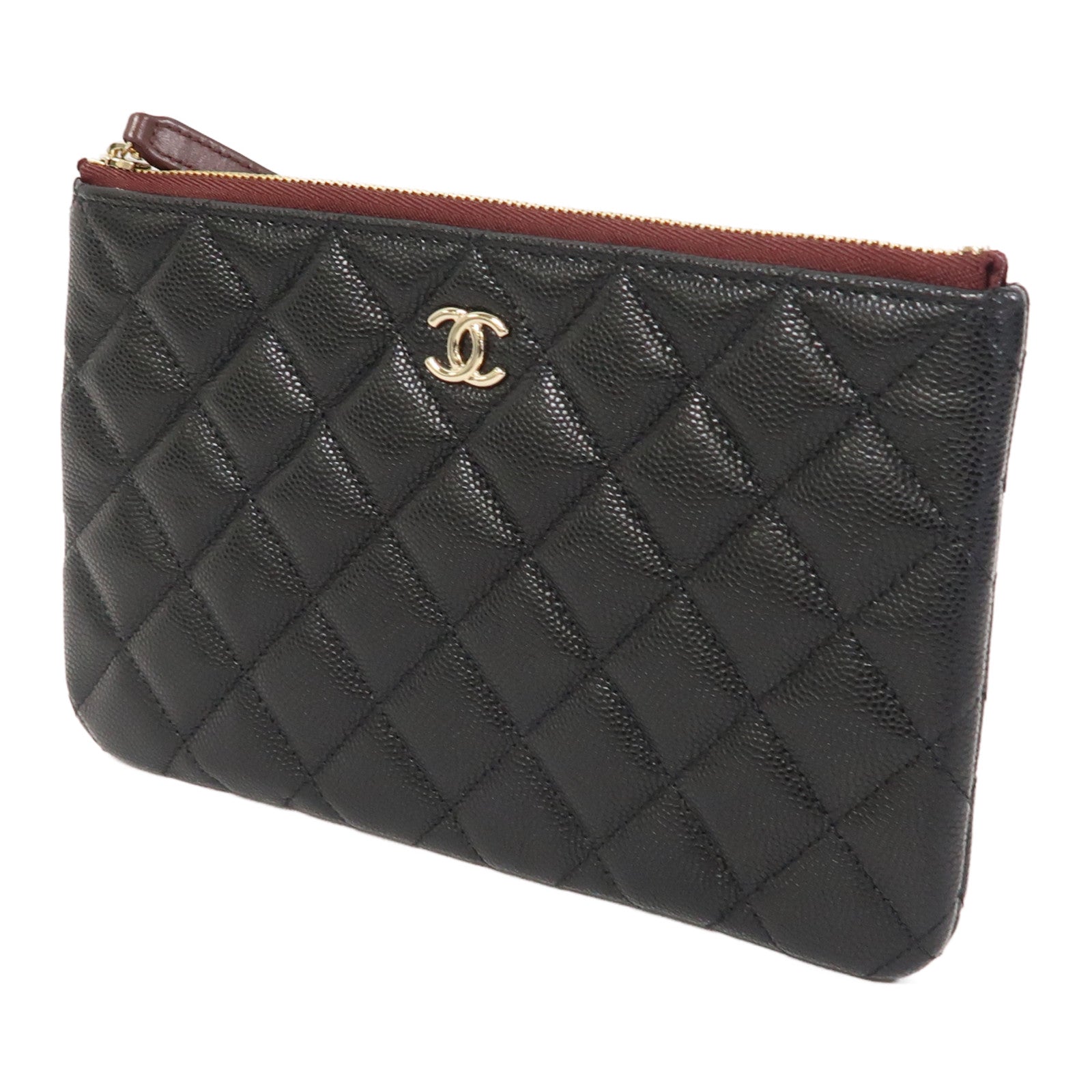 CHANEL 菱格牛皮皮革Pouch金扣手拿包黑色