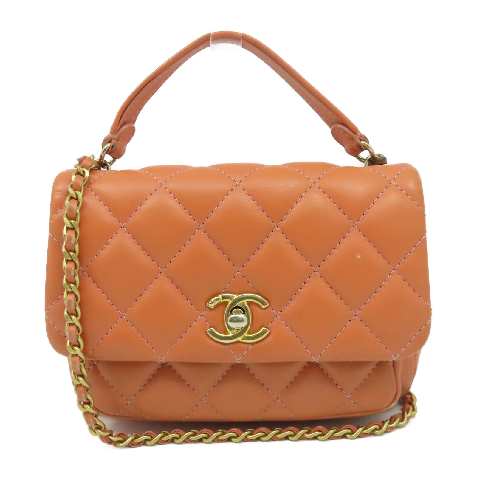 CHANEL 【激減優惠】菱格牛皮皮革Chain Shoulder金扣鏈帶肩背袋三文魚色