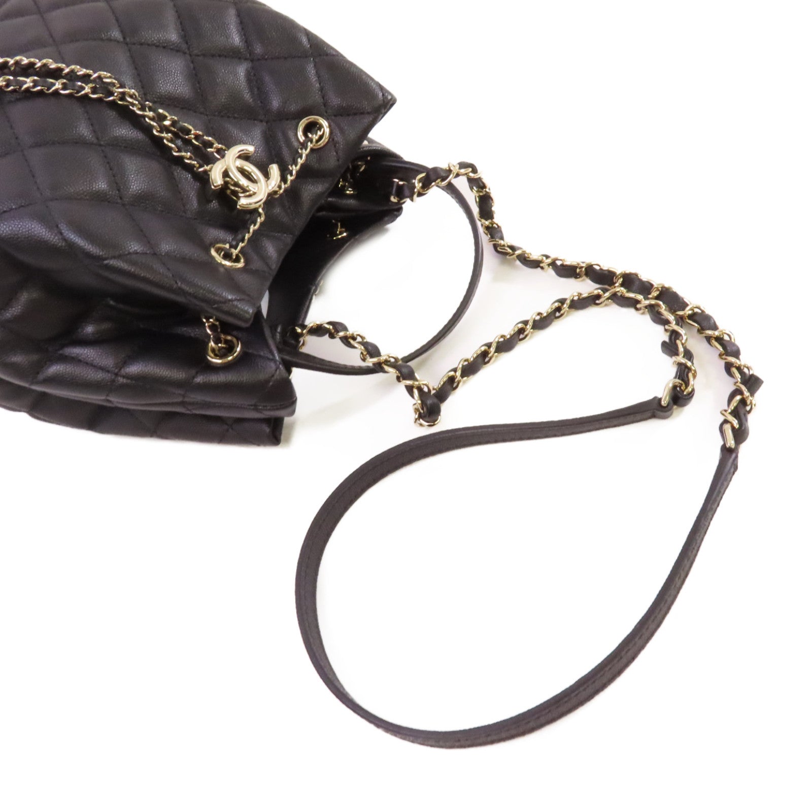 CHANEL 菱格Caviar皮革Bucket Bag金扣鏈帶手挽肩背兩用袋黑色