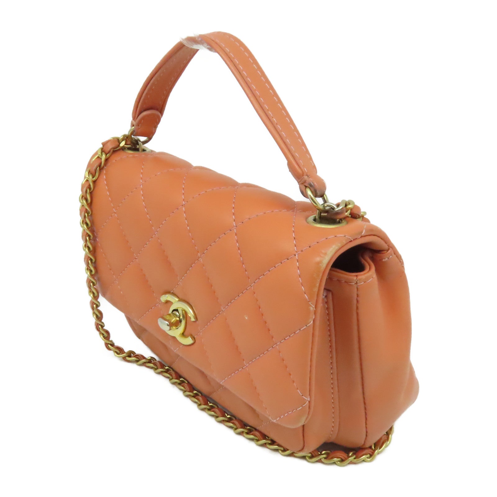 CHANEL 【激減優惠】菱格牛皮皮革Chain Shoulder金扣鏈帶肩背袋三文魚色
