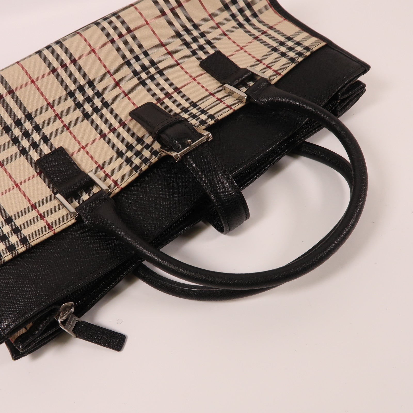 BURBERRY 塗層帆布Tote Bag銀扣手挽袋米色/黑色