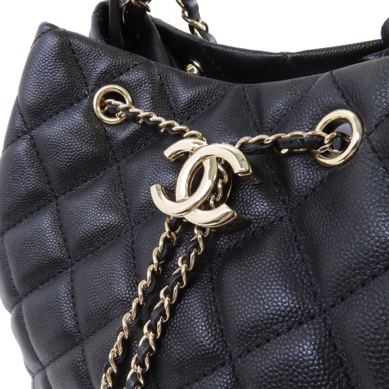 CHANEL 菱格Caviar皮革Bucket Bag金扣鏈帶手挽肩背兩用袋黑色