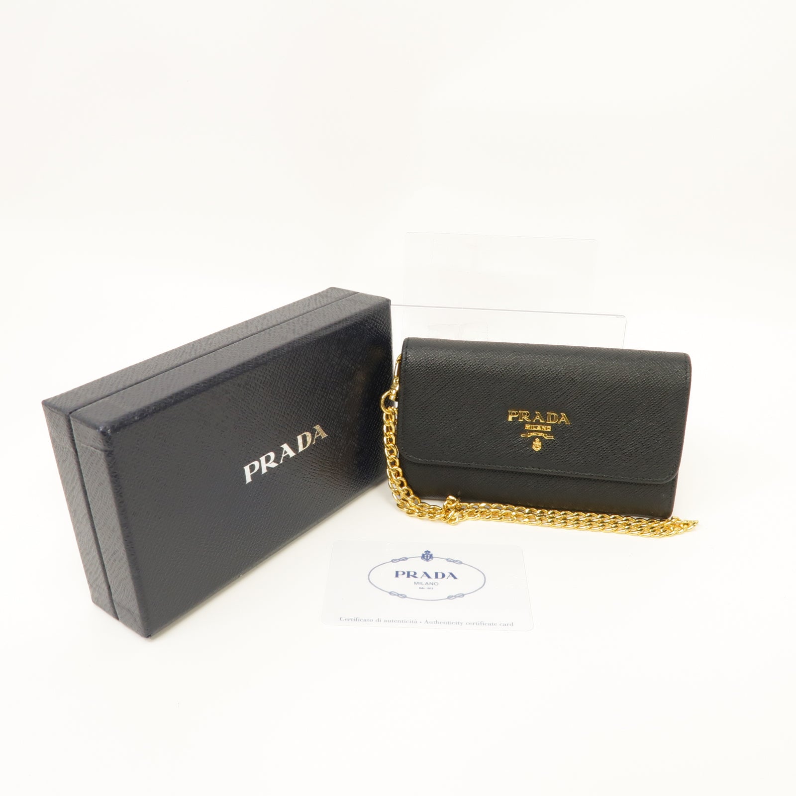 PRADA 【激減優惠】Saffiano皮革Mini Wallet with Chain金扣錢包黑色