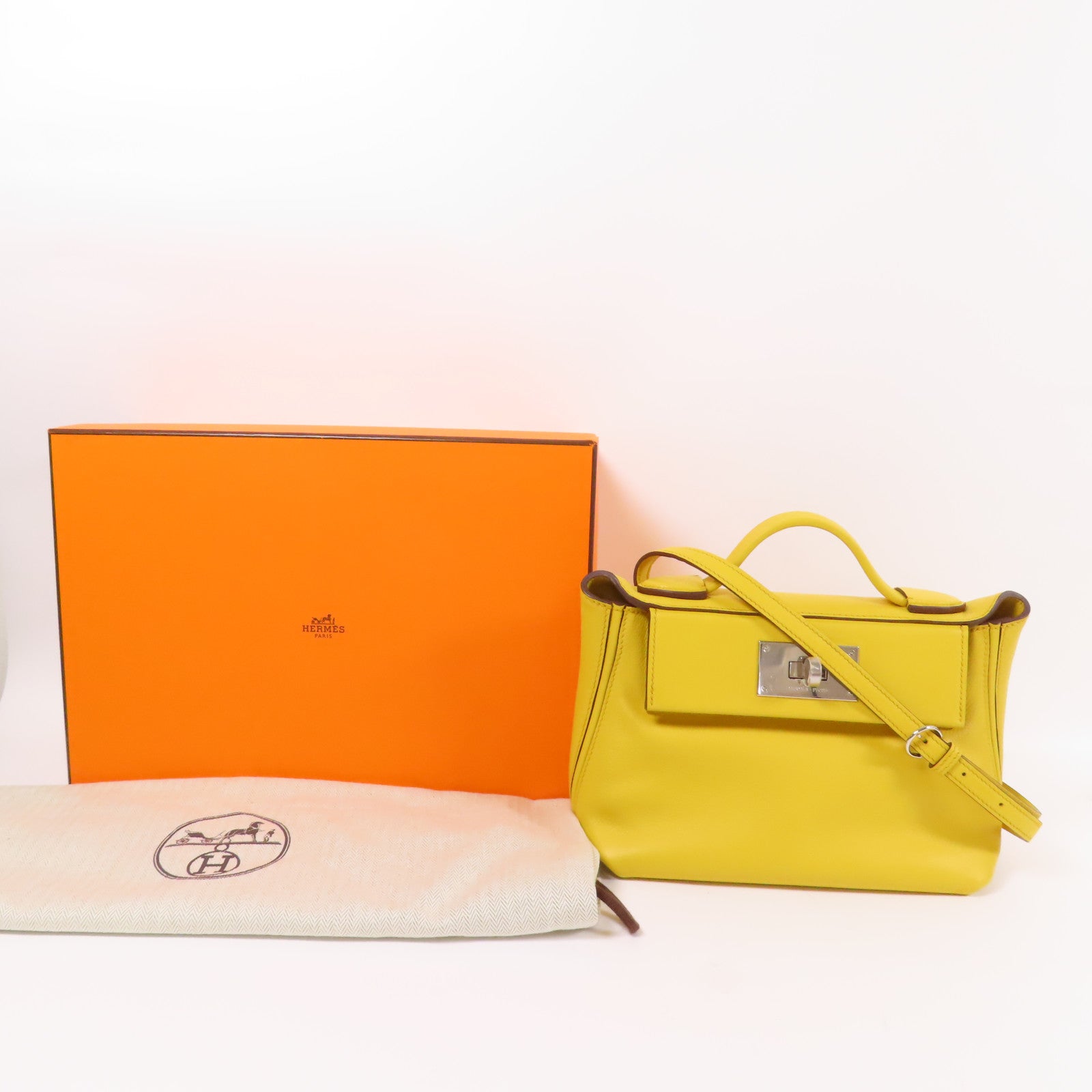 HERMES Evercolor皮革24x24 Mini銀扣手挽肩背兩用袋Sun